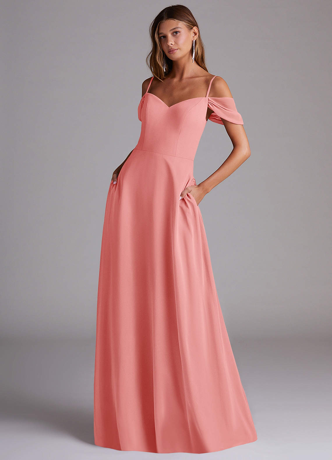 Azazie Marley Bridesmaid Dresses Coral A-Line Off the Shoulder Chiffon Convertible Dress image1