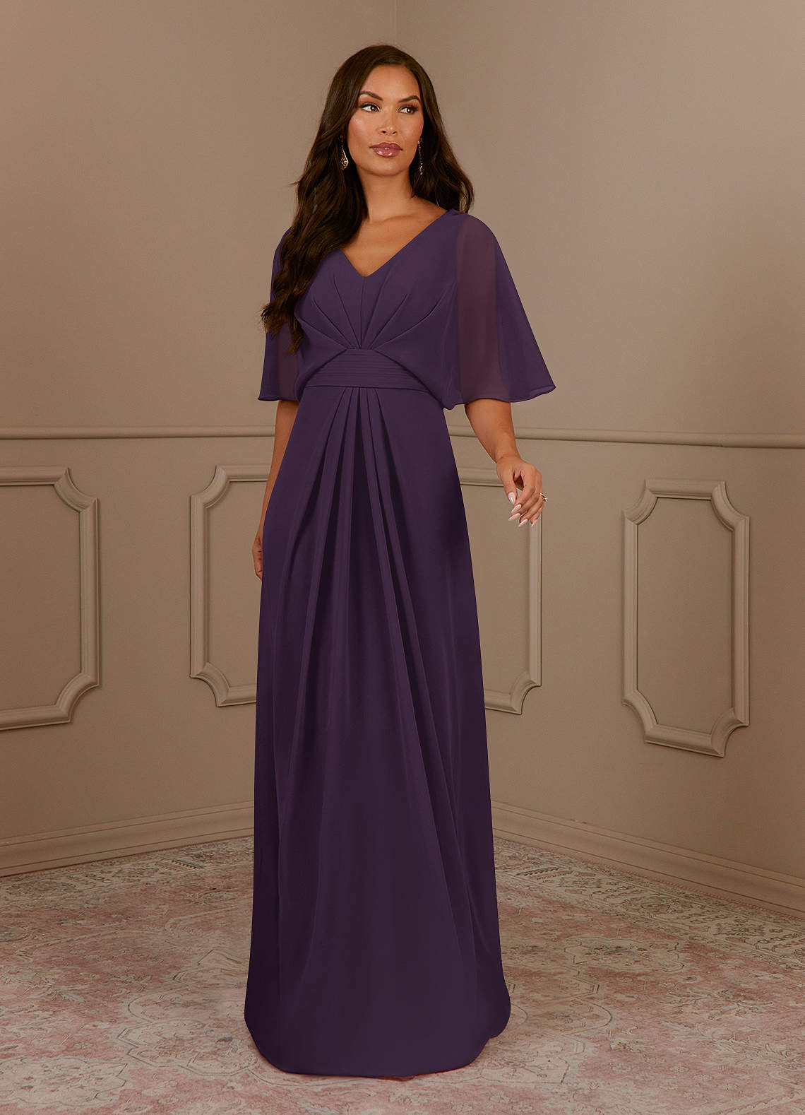 Azazie Oksana Plum A-Line V-Neck Pleated Chiffon Dress | Azazie