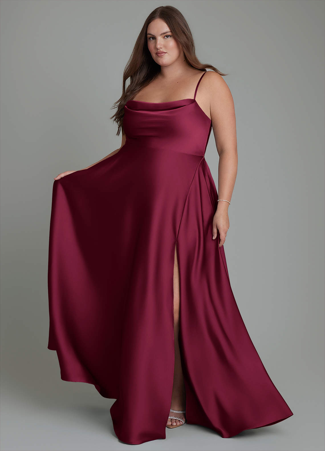 Azazie Elle Bridesmaid Dresses Burgundy A-Line Pleated Stretch Satin Dress image1