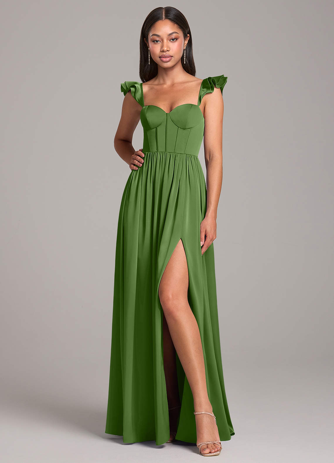 basil green bridesmaid dresses Azazie Soren Basil Stretch Satin Bridesmaid Dresses
