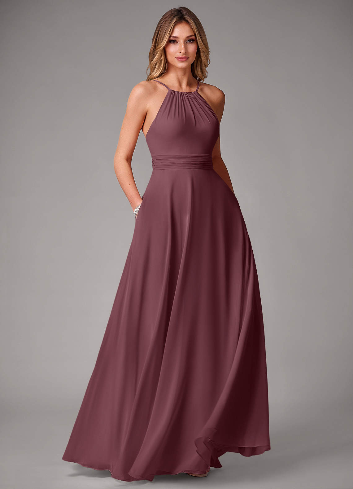 Azazie Amalia Robes de demoiselle d'honneur Robe Trapèze en Mousseline de soie Plissée Sangria image1