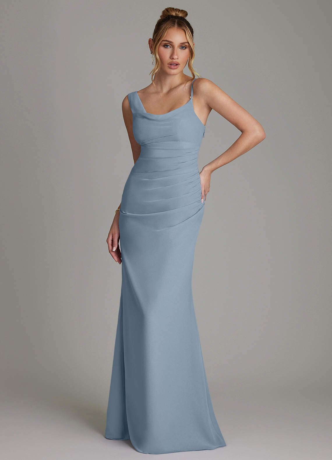 blue pleated bridesmaid dress Azazie Ama Kissprom Graduation dress ASOS EDITION applique allover The chiffon fabric drapes Size Options:Standard Size