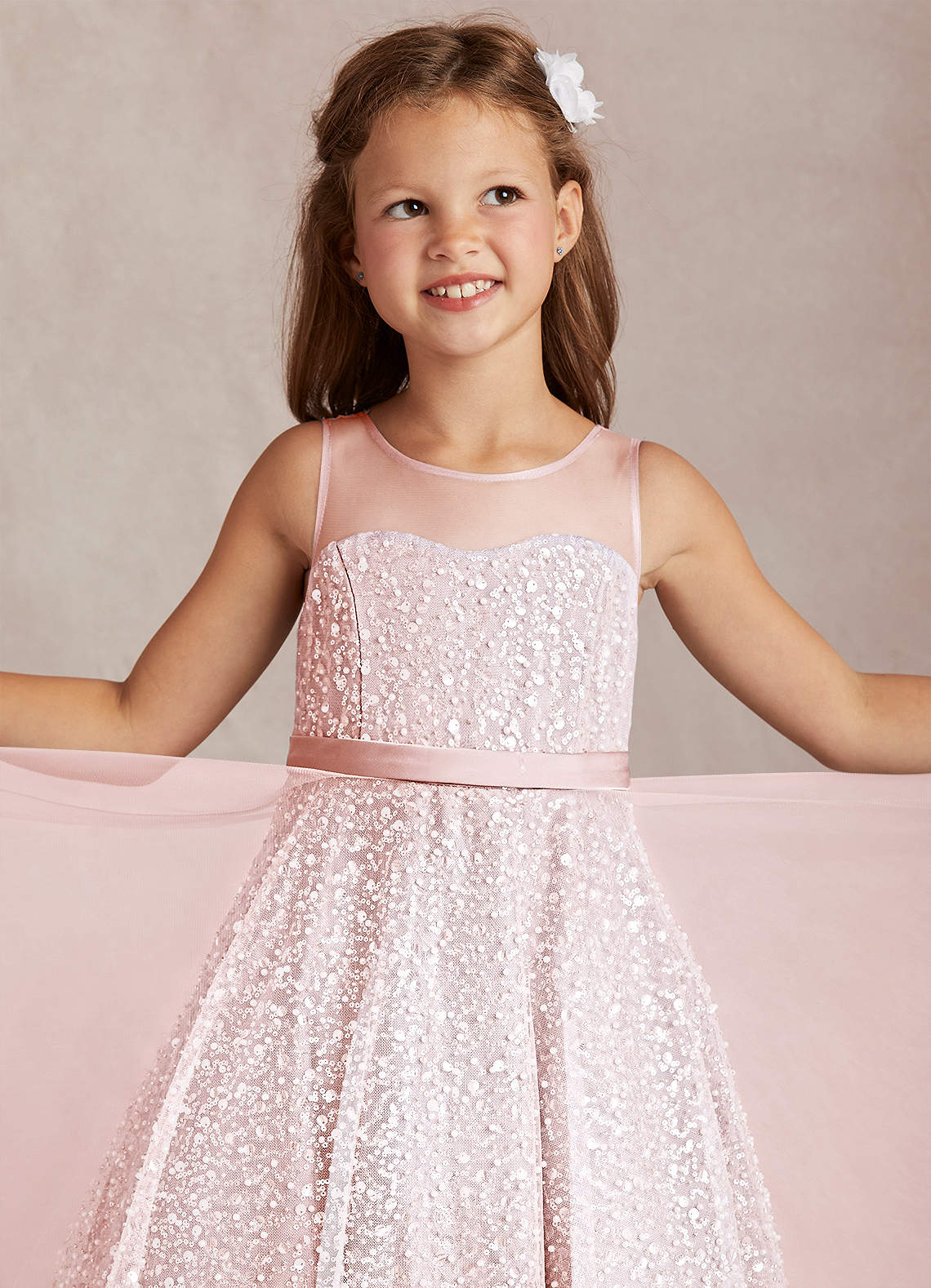 Azazie Siwa Flower Girl Dresses Blushing Pink A-Line Beaded Tulle Dress image1
