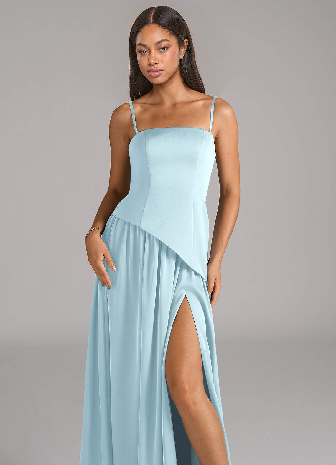 Azazie Adeline Cloud Blue Stretch Satin Bridesmaid Dresses | Azazie