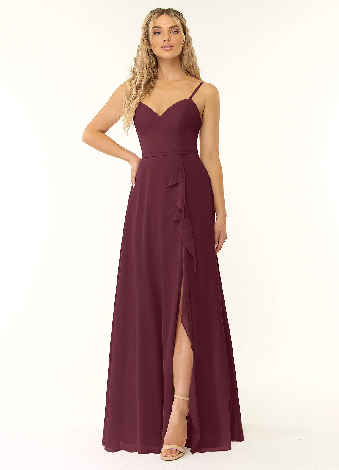 Azazie Naeem Brautjungfernkleider A-Linie V-Hals Rüsche Chiffon Kleid Cabernetrot image1