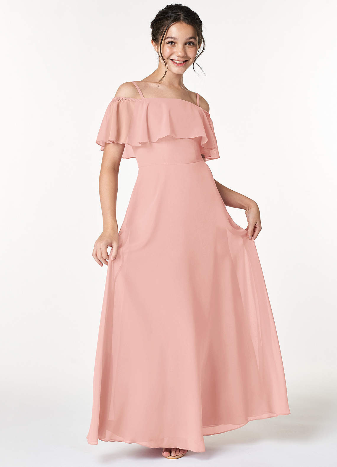 Azazie Maggie Junior Rosette A-Line Off the Shoulder Chiffon Dress image1