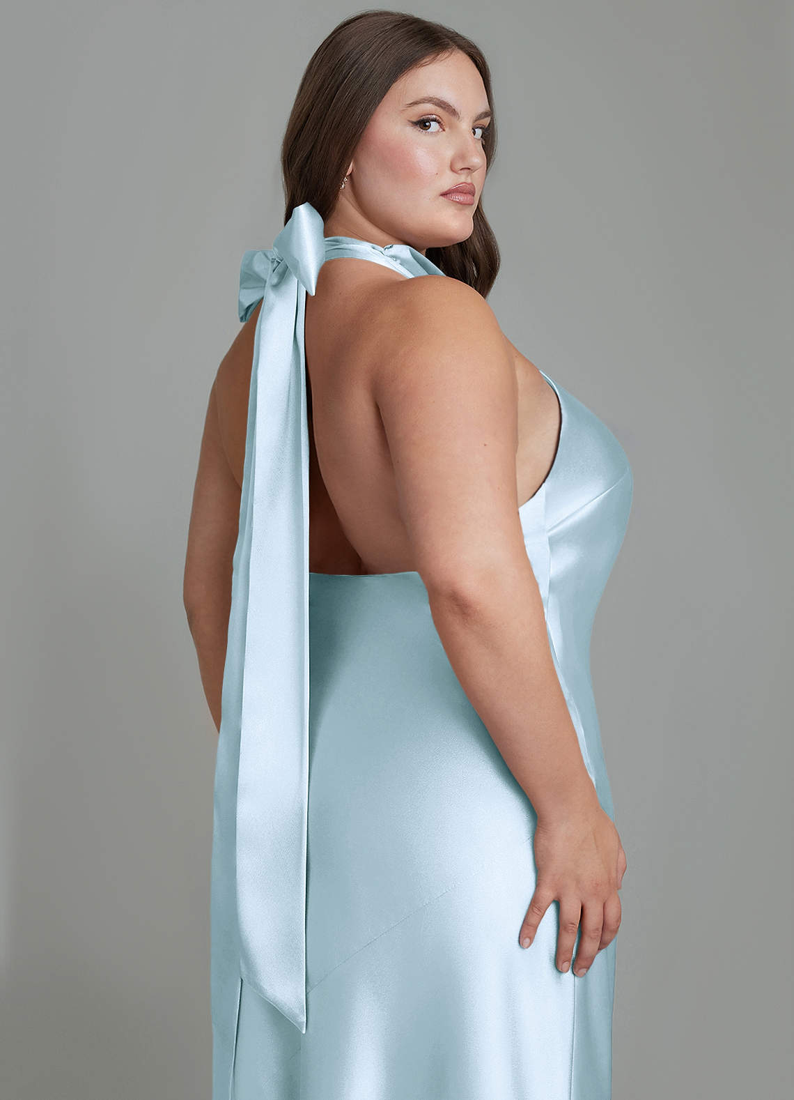 Azazie Velli At-home Try On Dresses Sky Blue Sheath High Neck Metallic Satin Dress image13