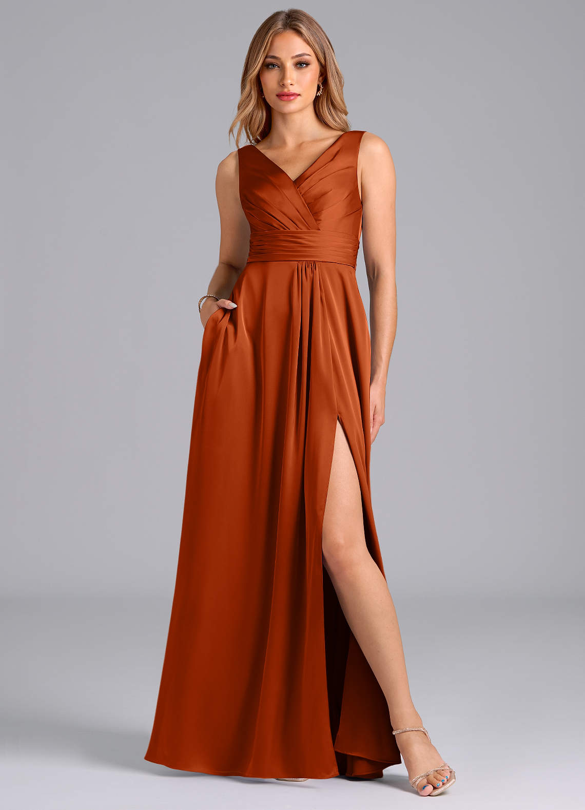 Azazie Karina Vestidos de madrinha de casamento Vestido Laranja Queimada de Cetim elástico de Linha A com Plissado image1