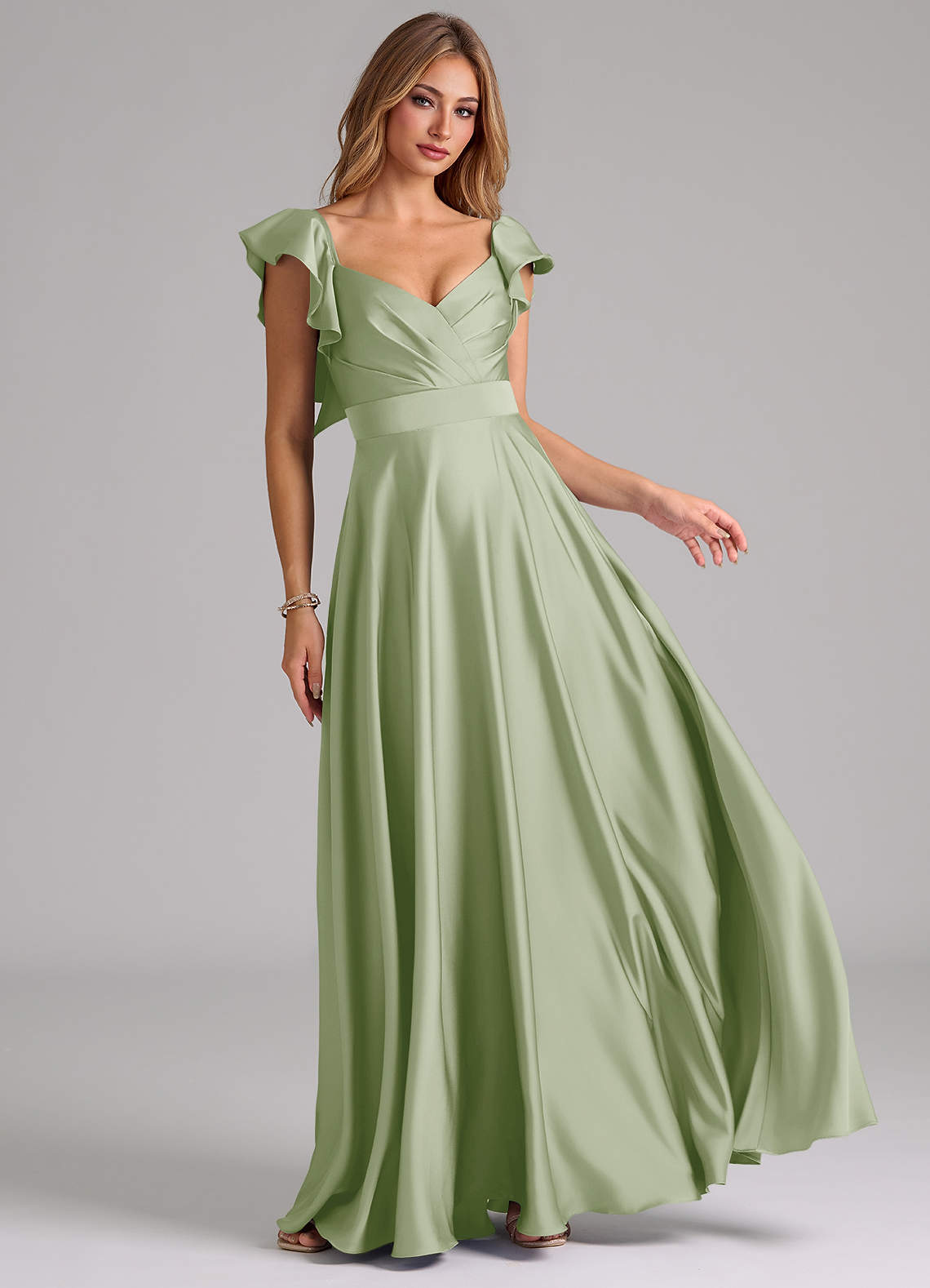 Azazie Leilani Bridesmaid Dresses Dusty Sage A-Line Ruched Stretch Satin Dress image1