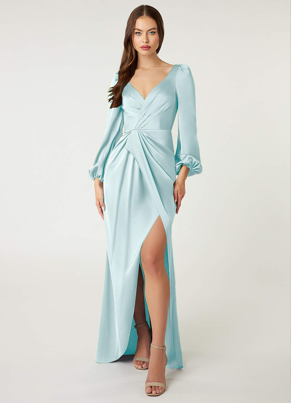 Azazie Mel Bridesmaid Dresses Sea Glass Sheath Long Sleeve Stretch Satin Dress image1