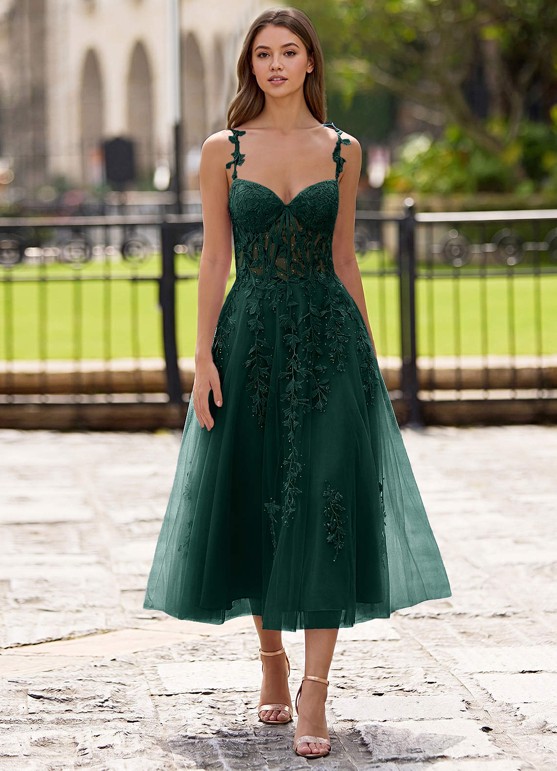 dark green midi dress formal Zosia Dark Green Lace A-line Lace Up Back Midi Dress
