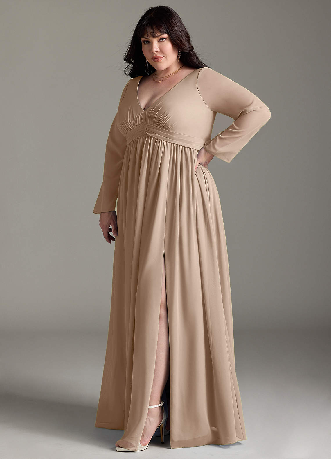 Azazie Teton Maternity Bridesmaid Dresses A-Line Long Sleeve Chiffon Floor-Length Dress image9