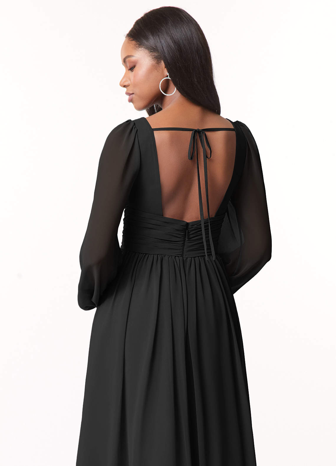 Azazie Norah Bridesmaid Dresses Black A-Line V-Neck Long Sleeve Chiffon Dress image2