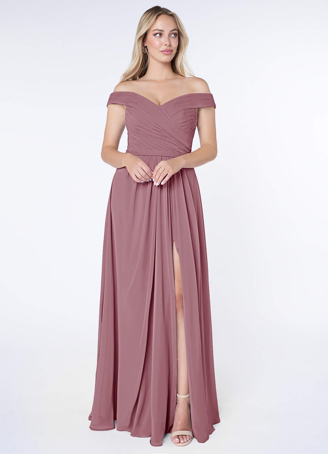 Azazie Audrianna Bridesmaid Dresses Vintage Mauve A-Line Off-The-Shoulder Gathered Chiffon Convertible Dress image1