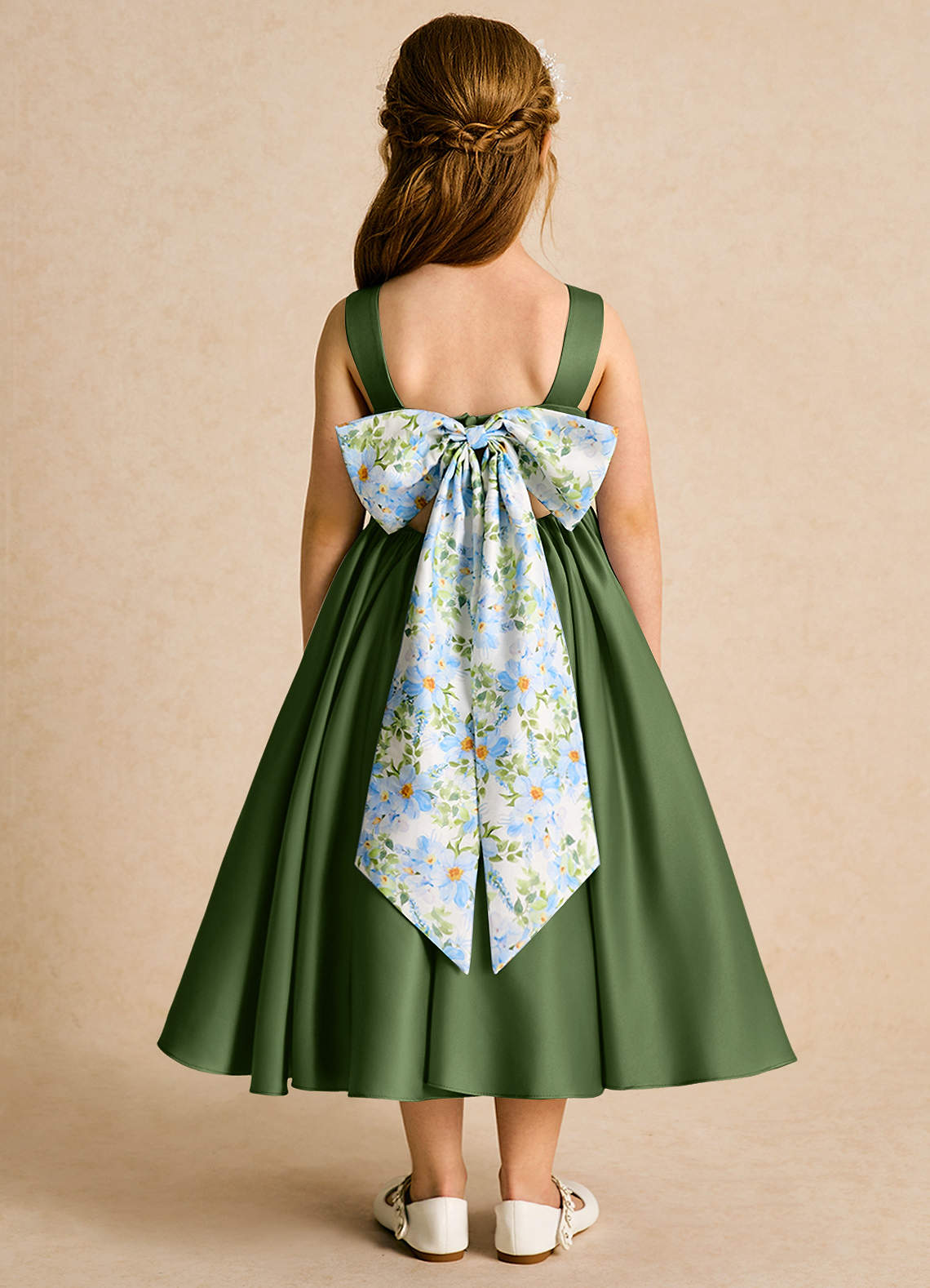 Azazie Doodlebug Flower Girl Dresses Olive A-Line Bow Matte Satin Dress image1