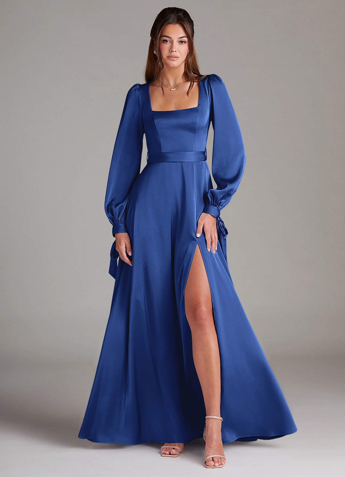 Azazie Leonia Bridesmaid Dresses Royal Blue A-Line Long Sleeve Stretch Satin Dress image1