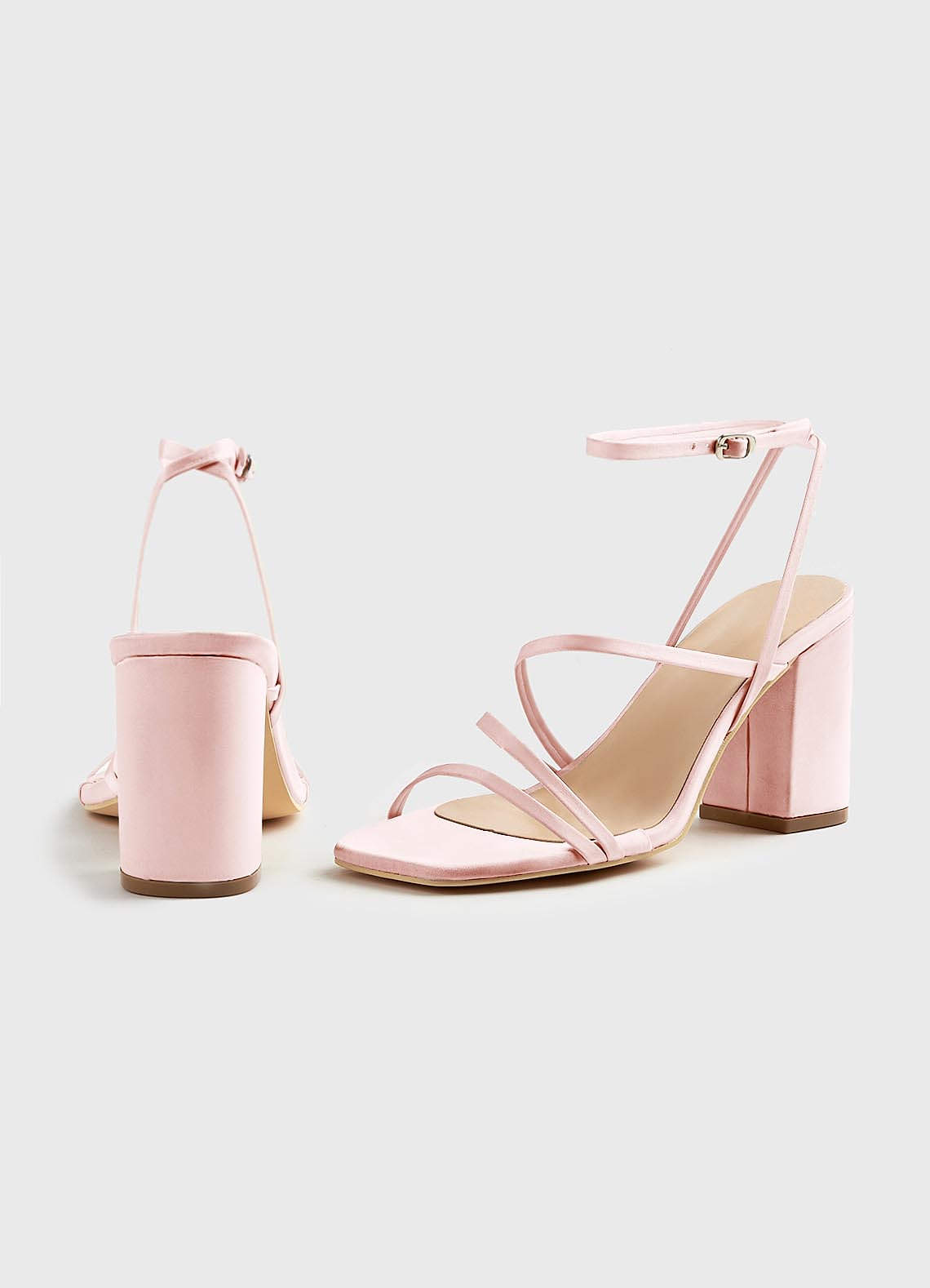 front Matching Color Matte Satin Ankle Strap Block Heel Sandals