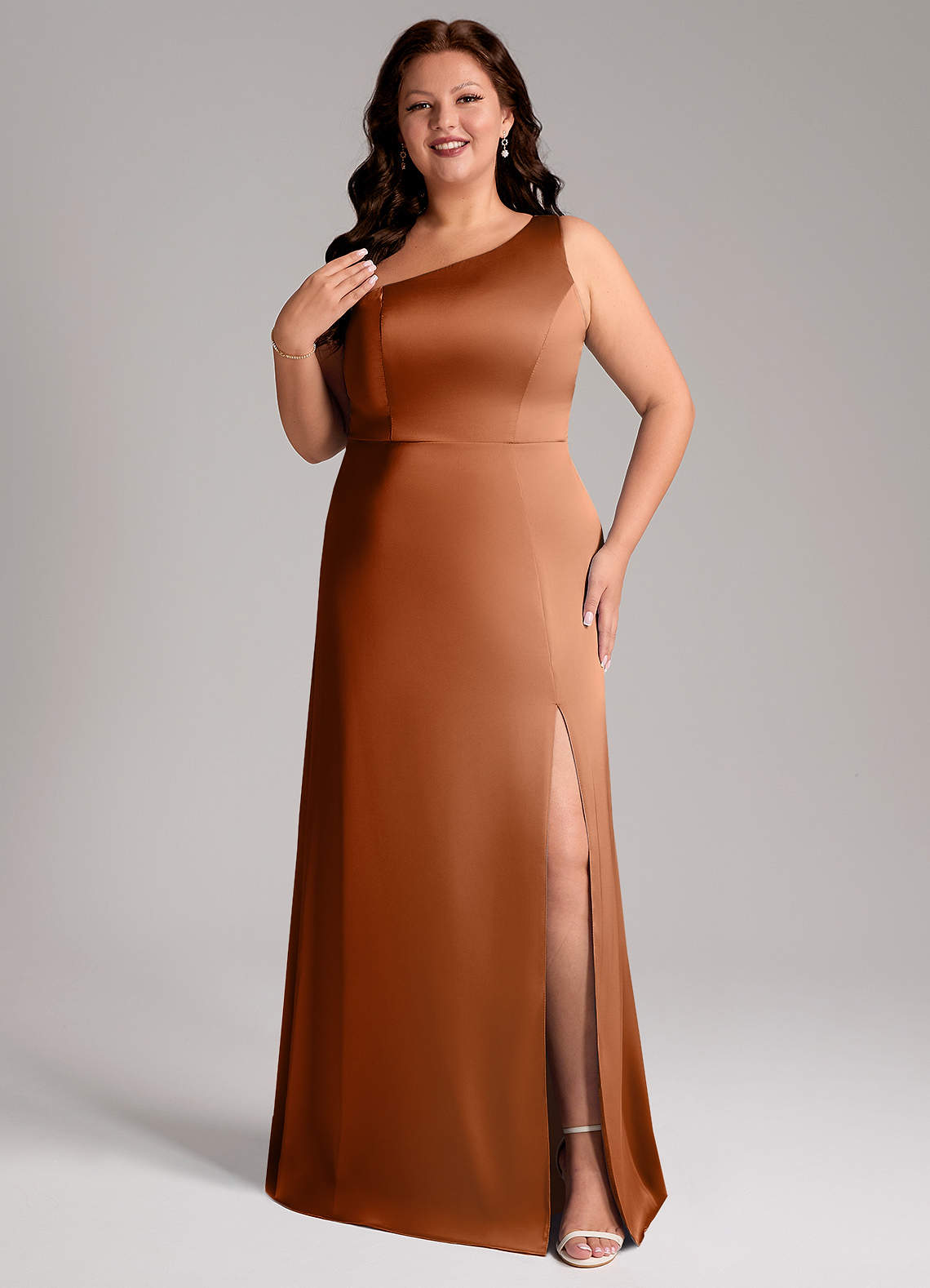 Azazie Phaedra Bridesmaid Dresses Copper A-Line One Shoulder Stretch Satin Dress image1