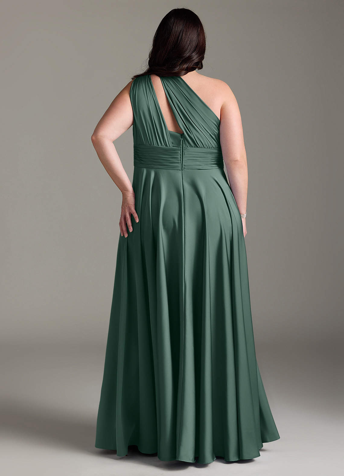 Azazie Charlize Bridesmaid Dresses Eucalyptus A-Line One Shoulder Stretch Satin Dress image9