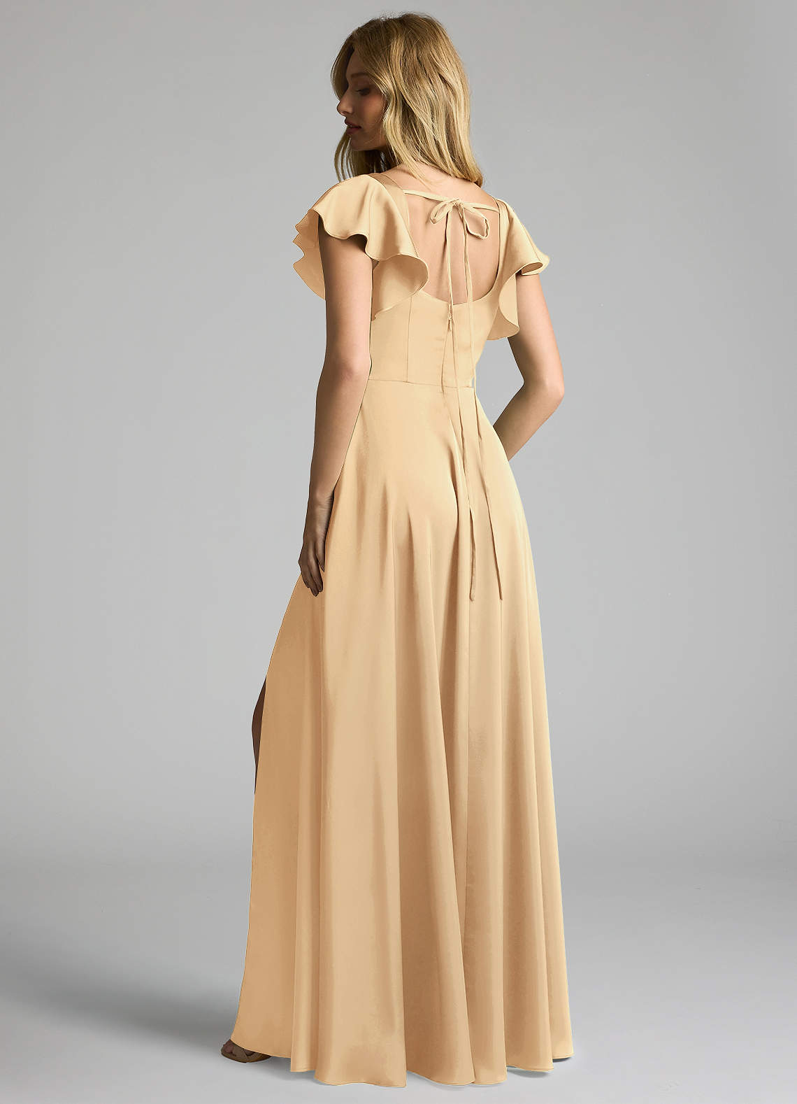Azazie Bondi Bridesmaid Dresses Gold A-Line Bow Stretch Satin Dress image2