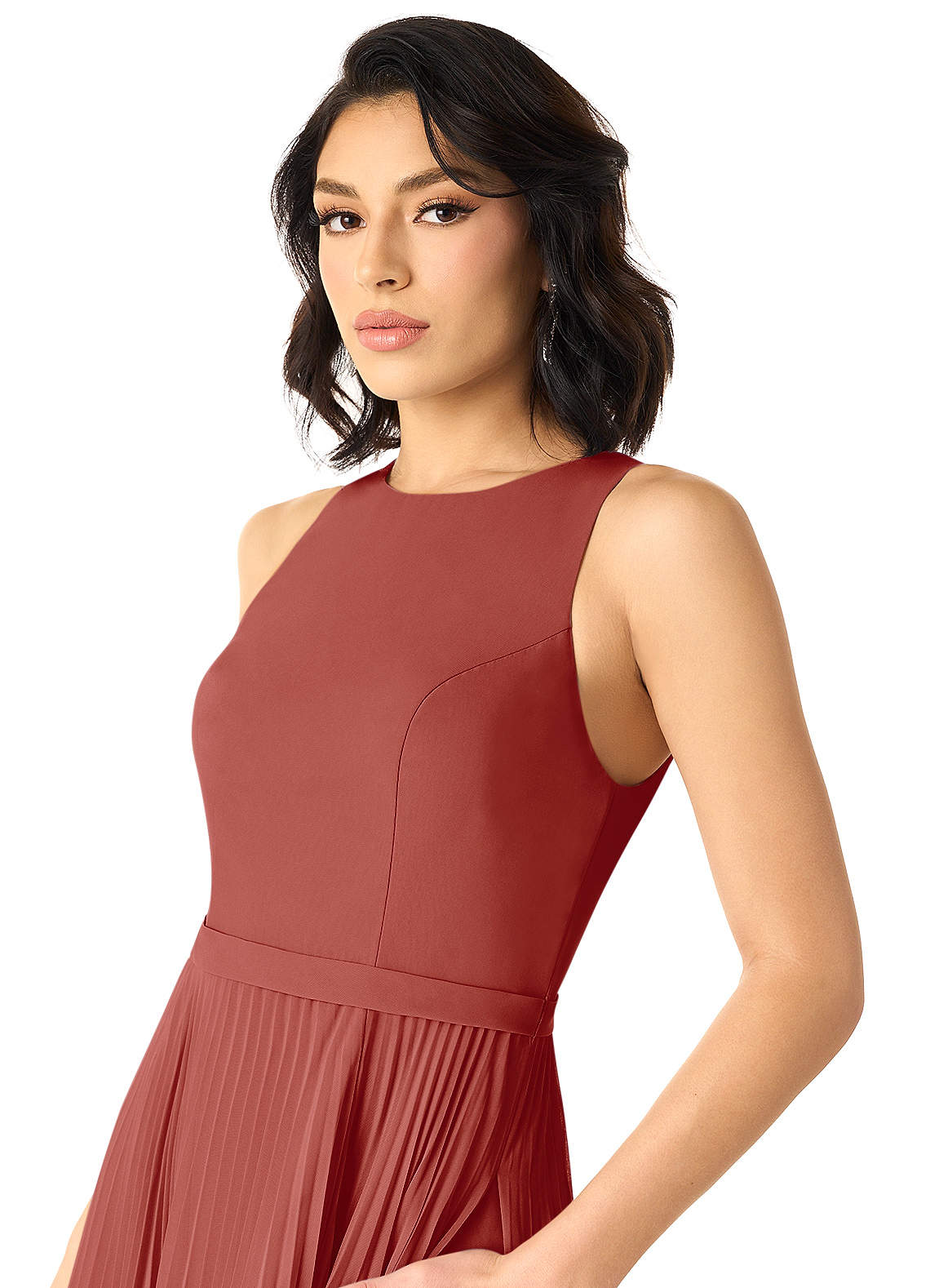Azazie Lindie Robes de demoiselle d'honneur Robe Trapèze en Mousseline de soie Plissé à encolure dégagée Terracotta image3