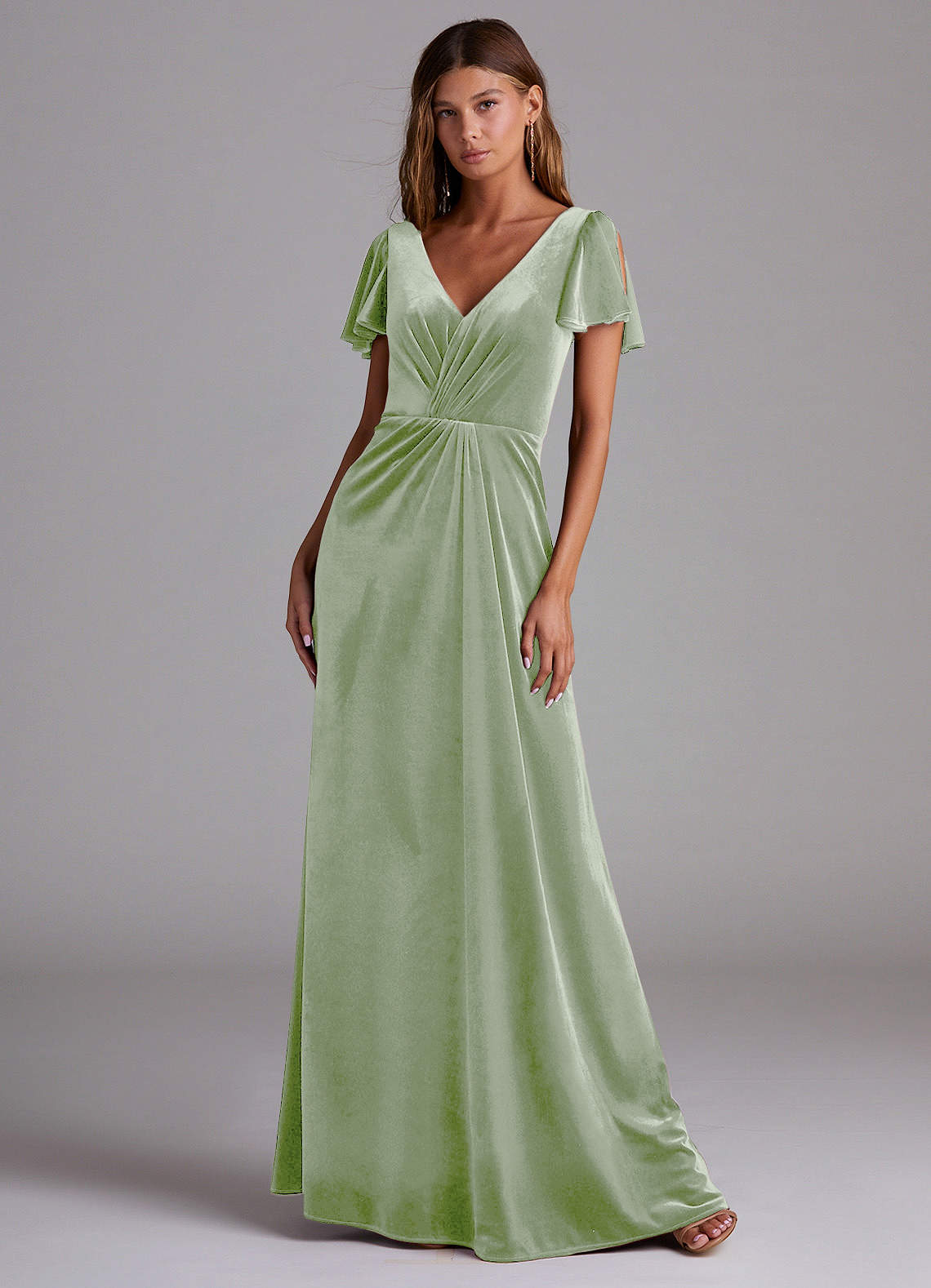 sage green velvet dress Dusty Wrap V Neckline A line length double lining for extra coverage 23 Sage Green Bridesmaid Dresses