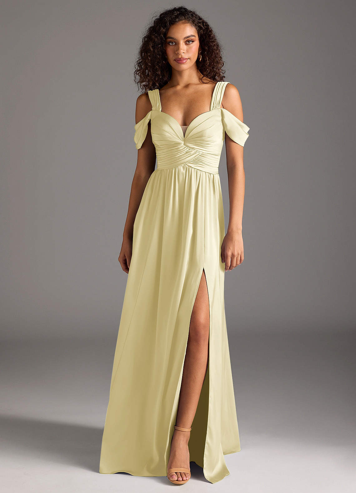 Azazie A-Line Off The Shoulder Floor-Length Stretch Satin Bridesmaid Dresses - Lemon Sorbet