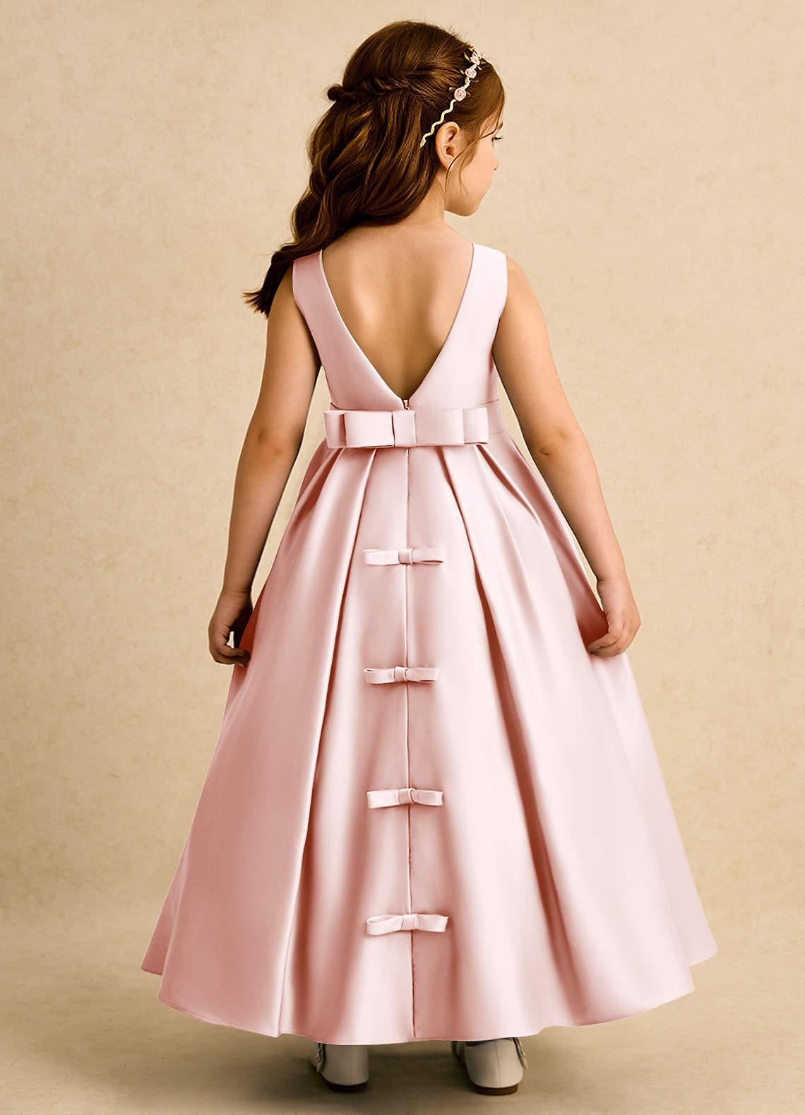 Azazie Mapel Flower Girl Dresses Blushing Pink Ball-Gown Pleated Matte Satin Dress image1