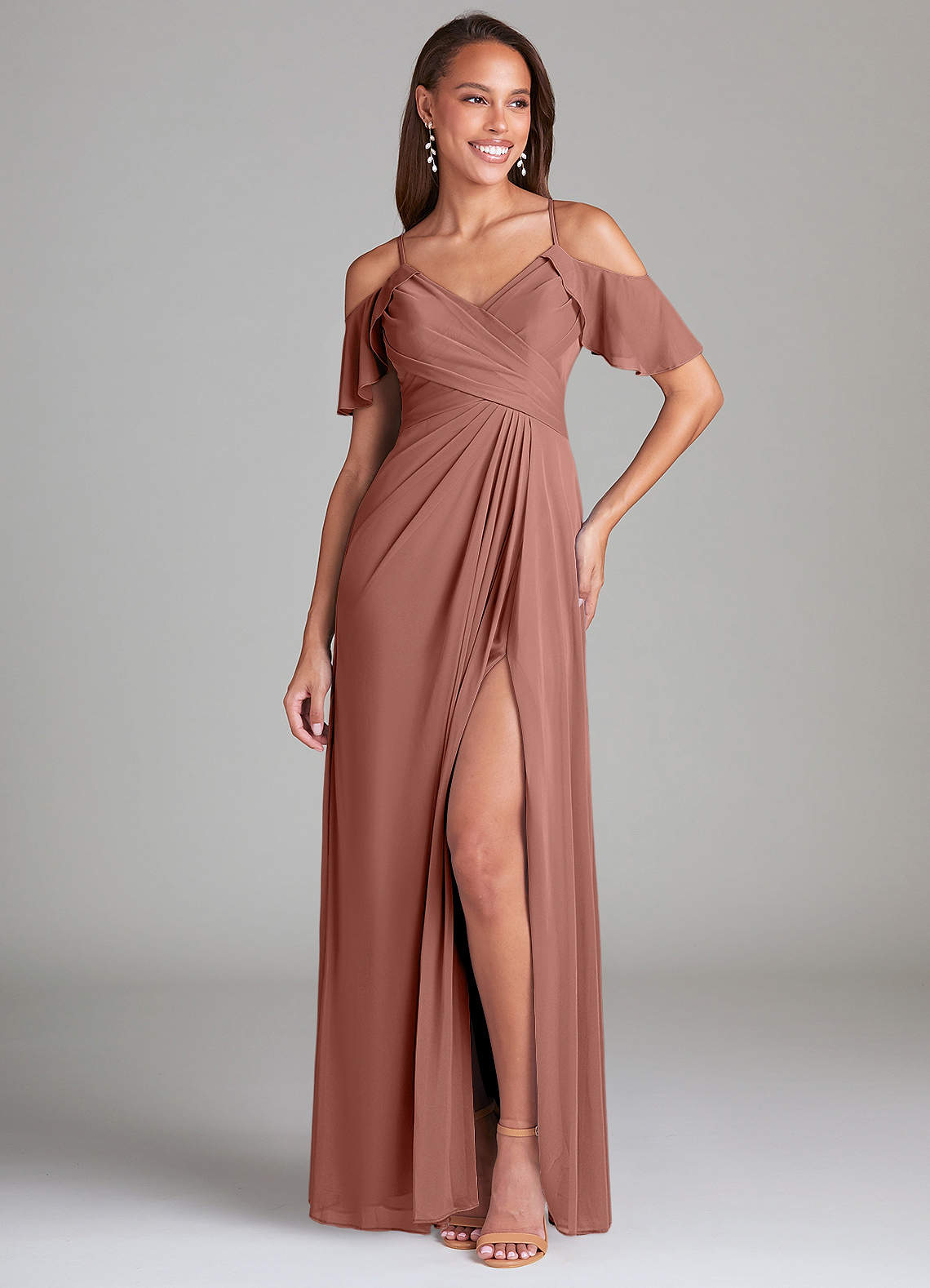 Azazie Dakota Bridesmaid Dresses Cedar Rose A-Line Off the Shoulder Mesh Dress image1