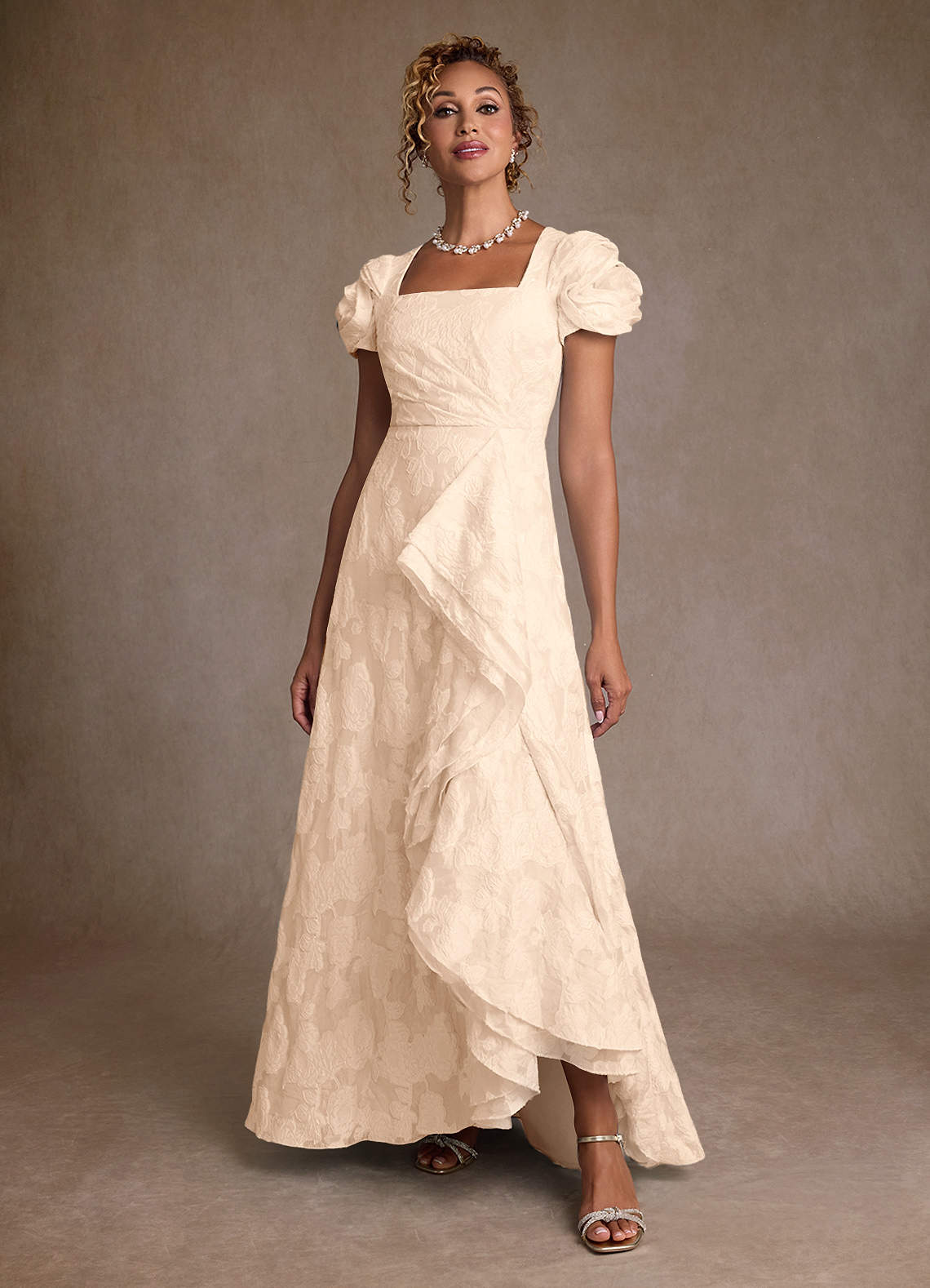 Azazie Hermina Cream Jacquard A-Line Pleated Floral Jacquard Dress