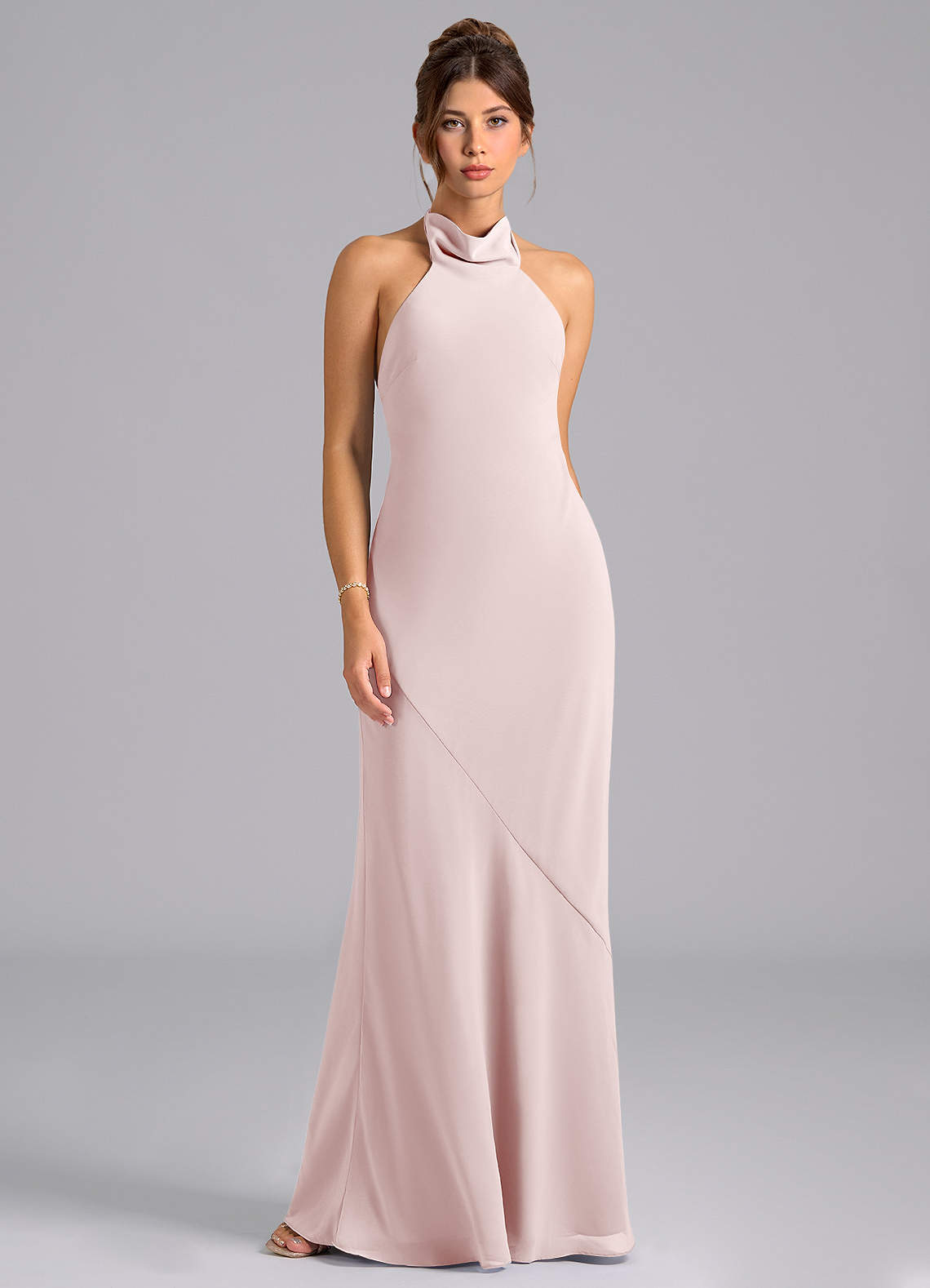 Azazie Velli Vestidos de damas de honor Vestido de Rosa Rubor de Gasa de Corte Sirena con Cuello Alto image5