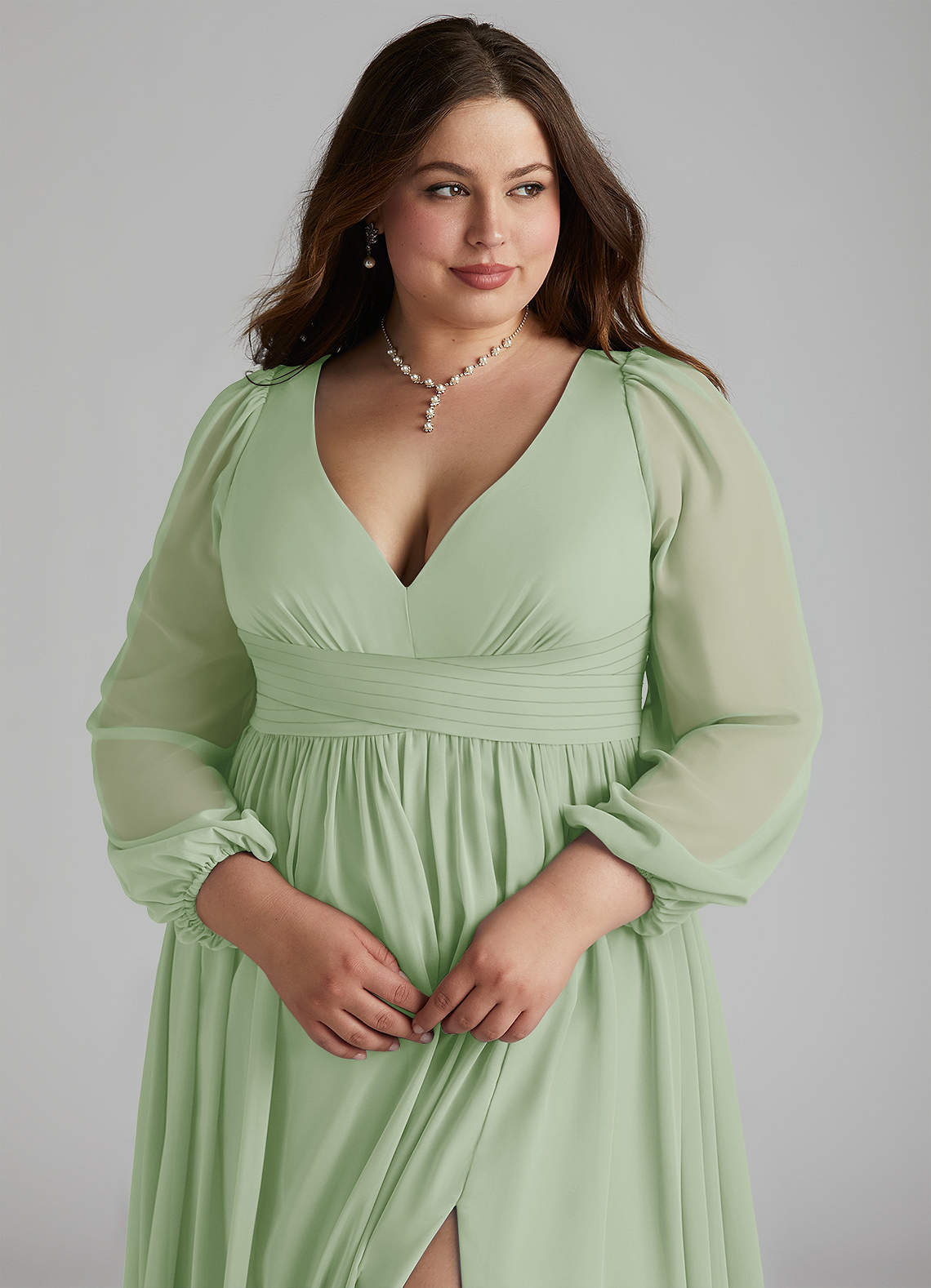 Azazie Norah Bridesmaid Dresses Dusty Sage A-Line V-Neck Long Sleeve Chiffon Dress image9