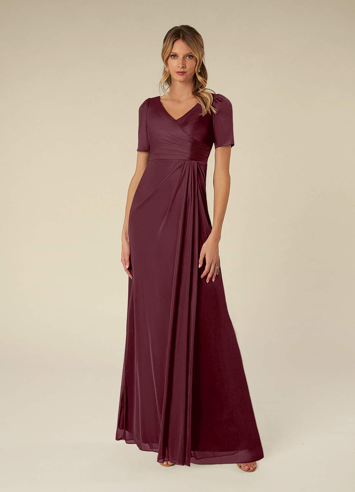 Azazie Bessie Mother of the Bride Dresses Cabernet A-Line Pleated Mesh Dress image1