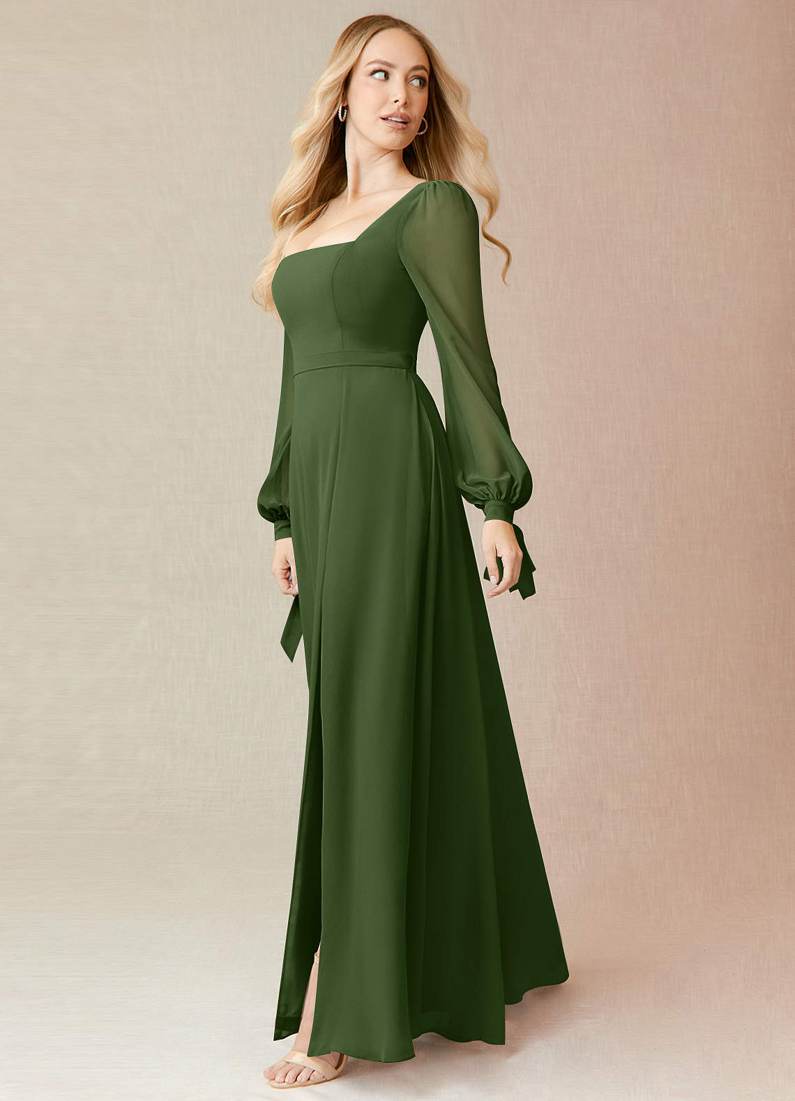 Azazie Leonia Bridesmaid Dresses Olive A-Line Long Sleeve Chiffon Dress image3