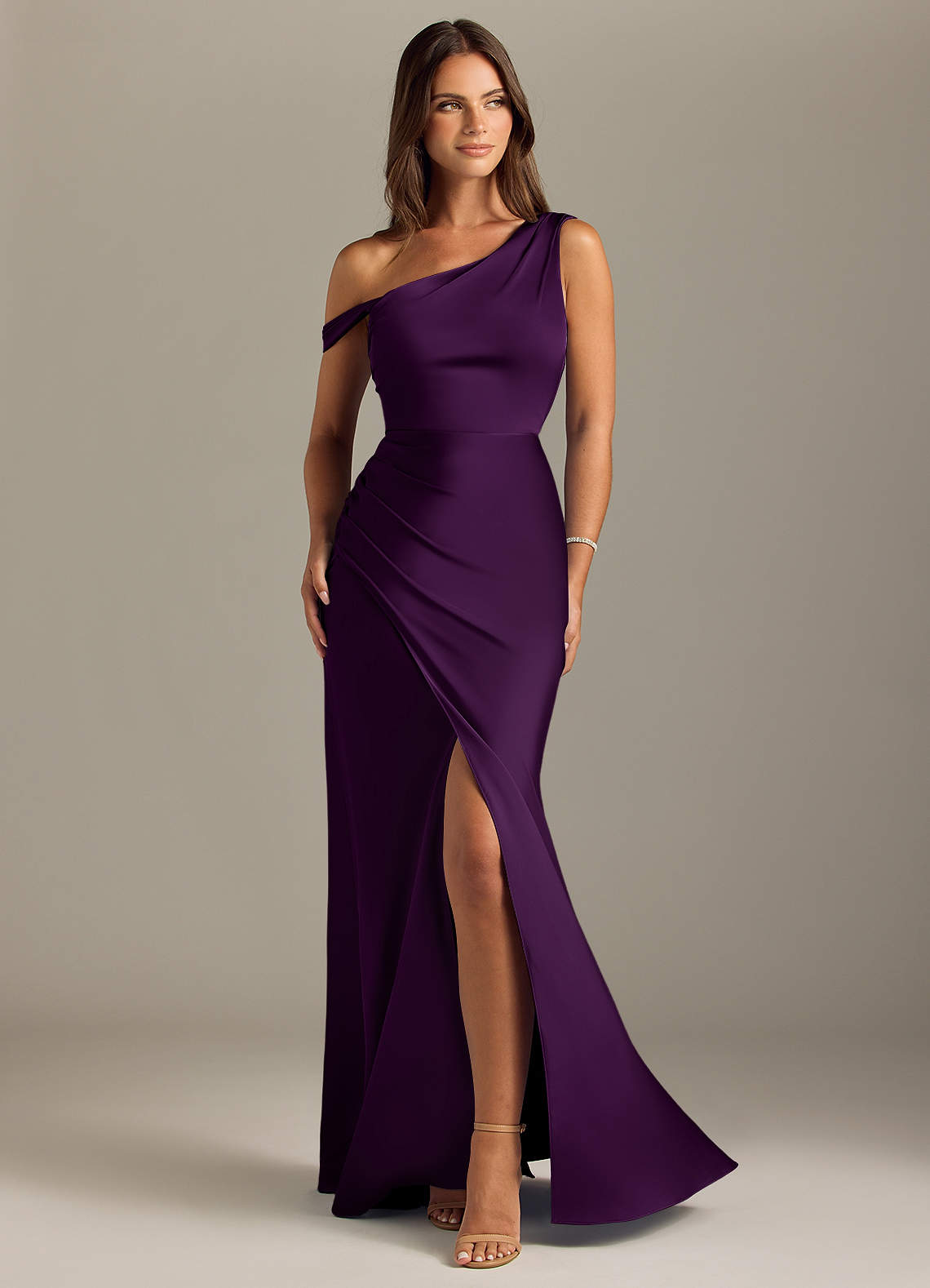 Azazie Madelyn Bridesmaid Dresses Grape Mermaid Off the Shoulder Stretch Satin Convertible Dress image1