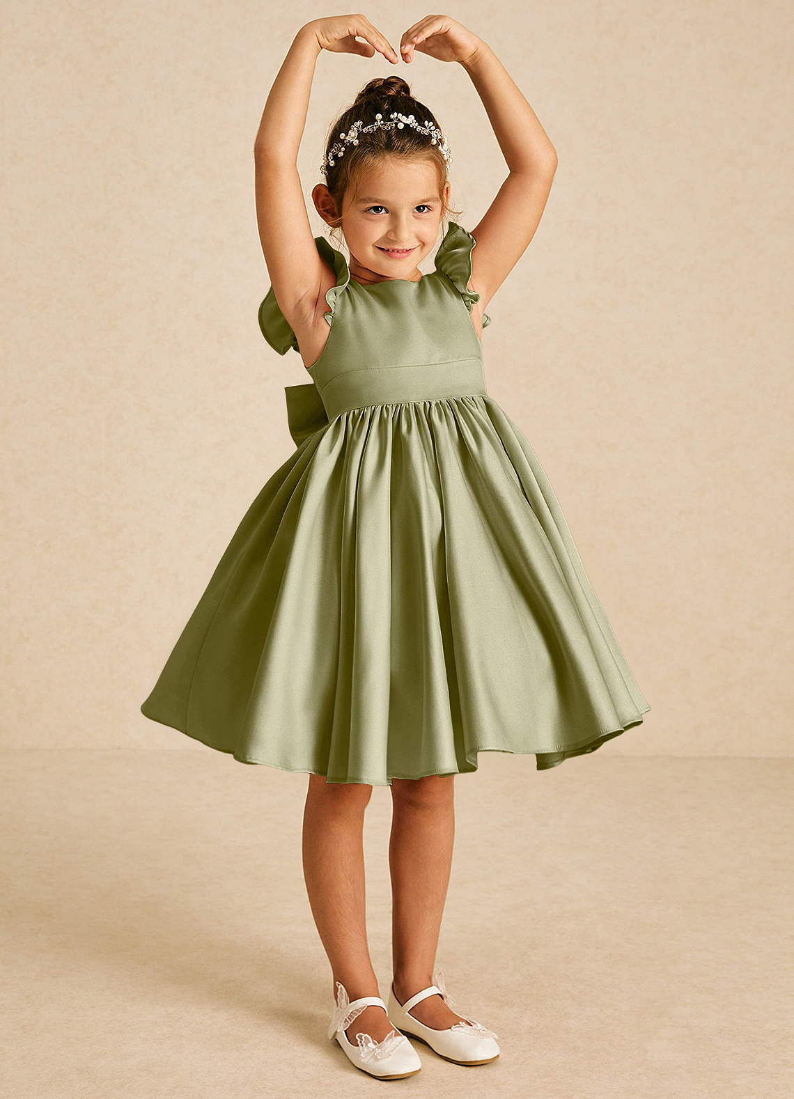 Azazie Tootsie Flower Girl Dresses Moss Green A-Line Bow Matte Satin Dress image1