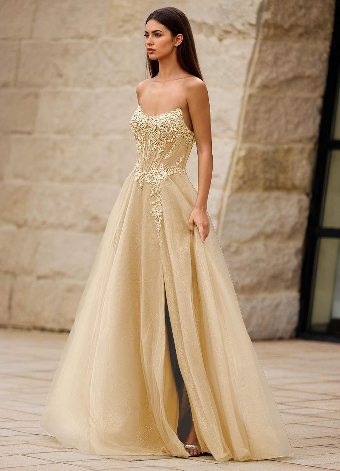 Azazie 2026 Corset Lace Up A-Line Prom Dress Champagne Gown
