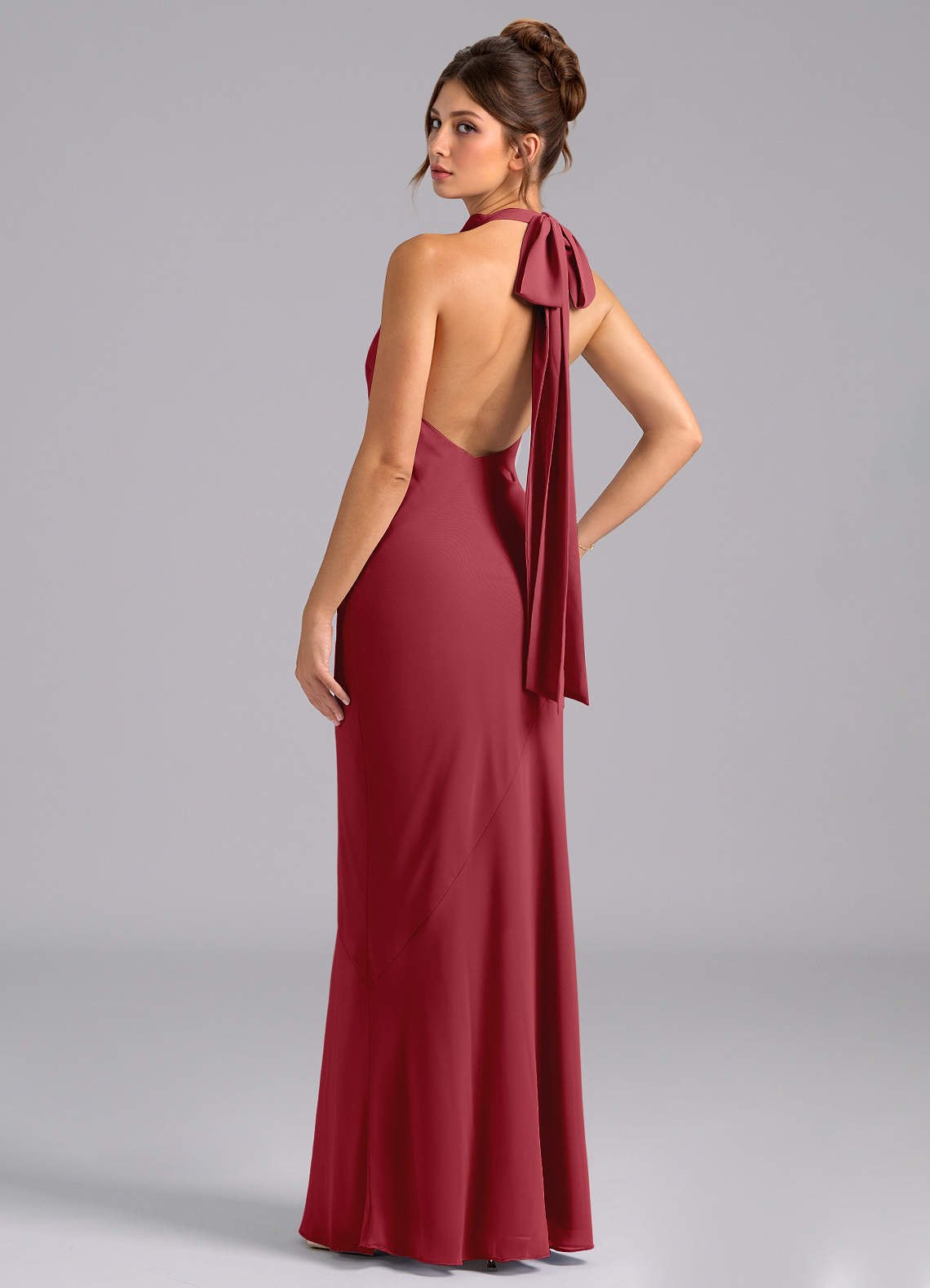 Azazie Velli At-home Try On Dresses Dusty Blue Mermaid Bow Chiffon Dress image6