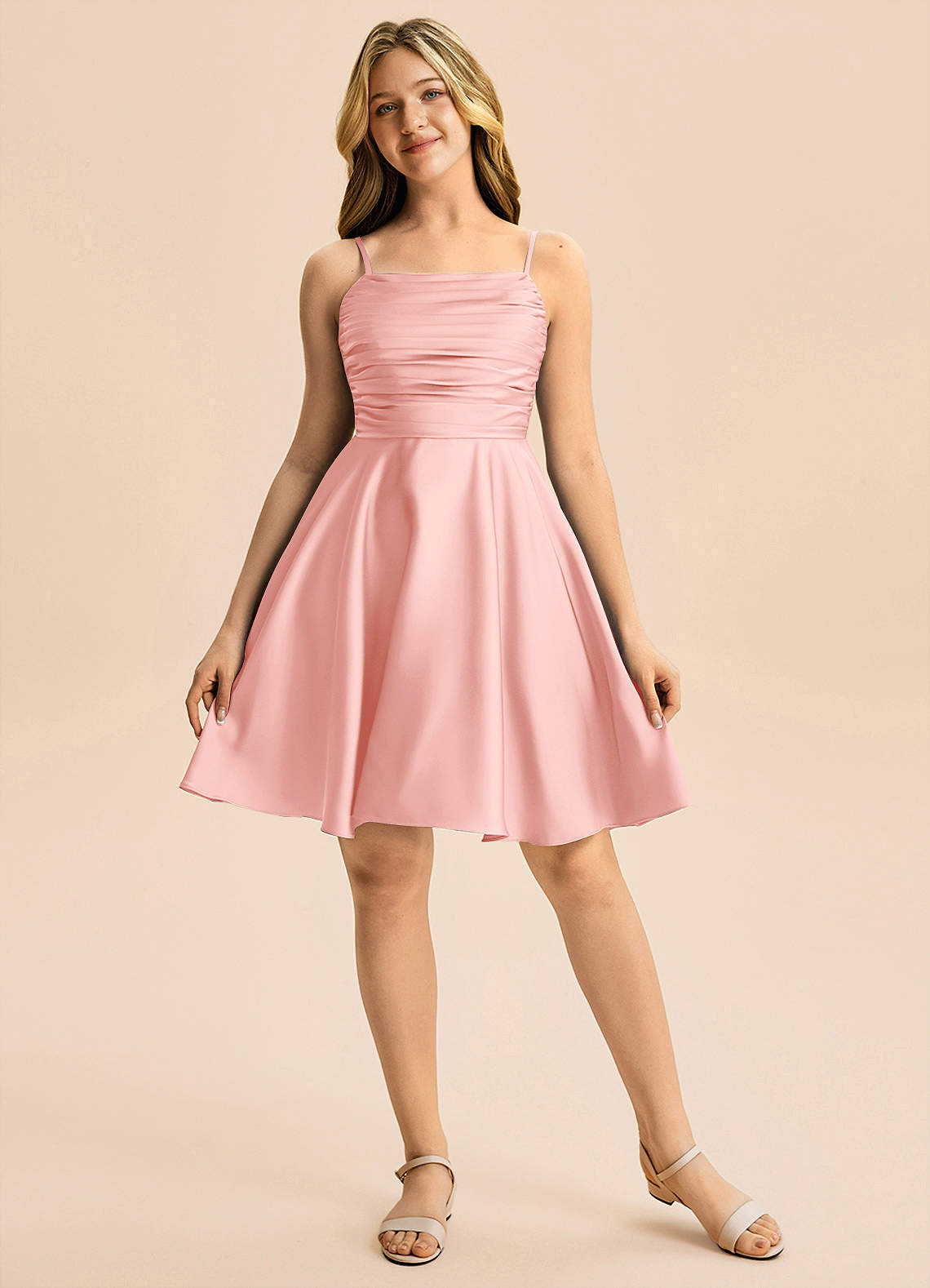 Azazie Miko Junior Blushing Pink A-Line Pleated Stretch Satin Dress image4
