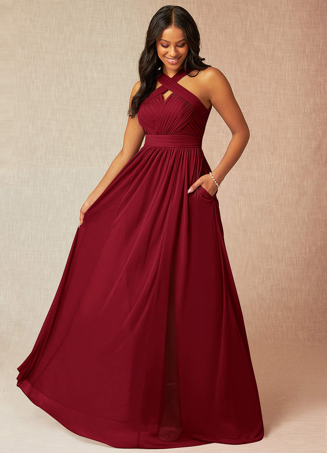 Azazie Hillian Robes de demoiselle d'honneur Robe Trapèze en Maille Dos nu plissé Bourgogne image1