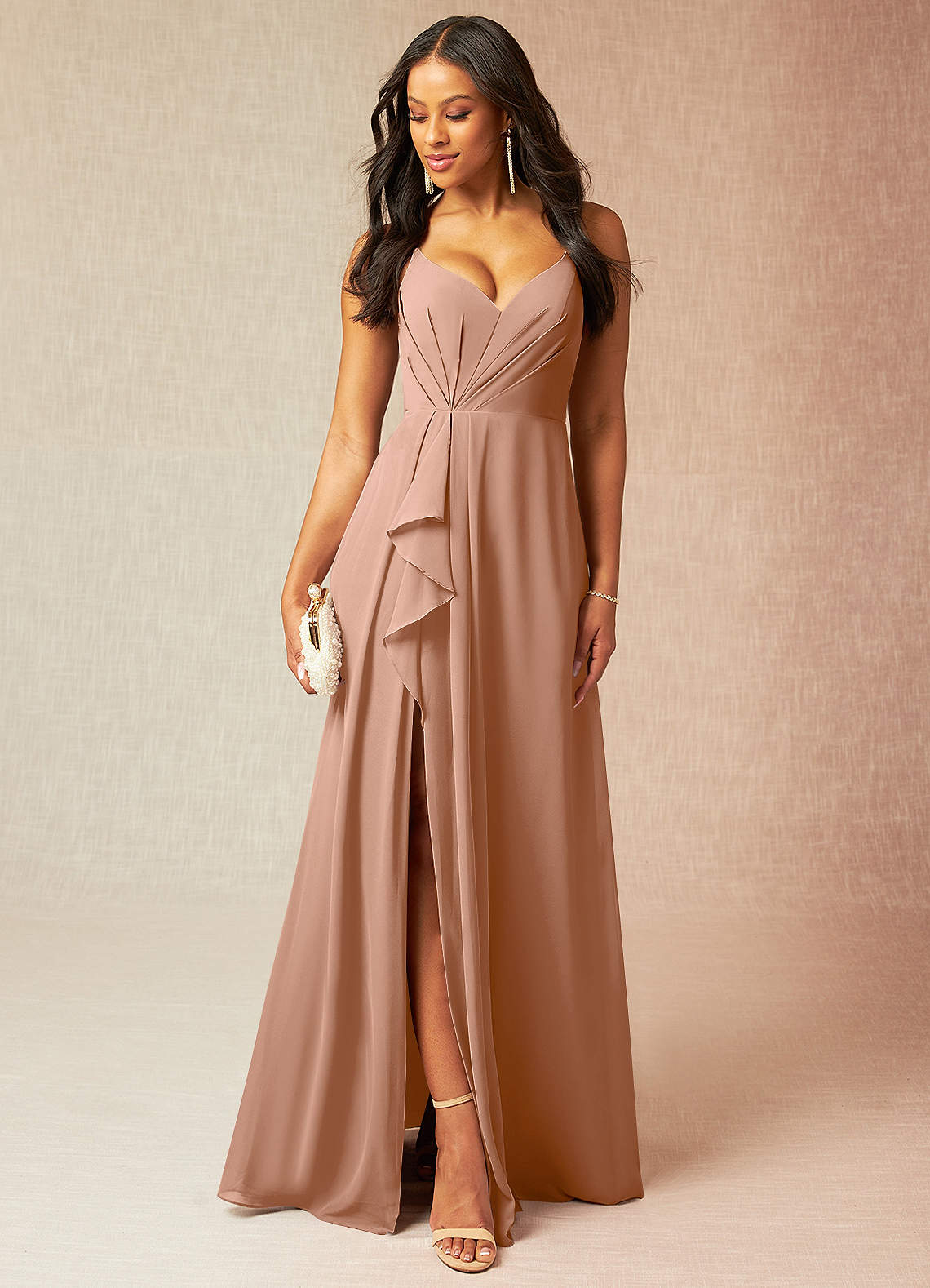 Azazie Kyedae Bridesmaid Dresses Champagne Rose A-Line V-Neck Pleated Chiffon Dress image1