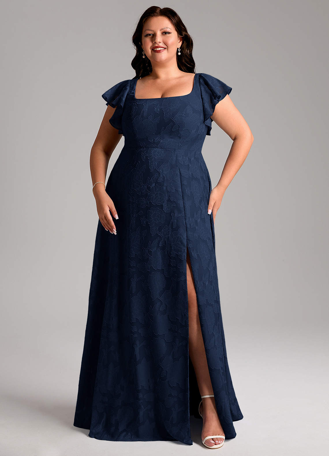 Azazie Bondi Vestidos de madrinha de casamento Vestido Azul Marinho de Esgotamento Floral de Linha A com Fenda Lateral image9