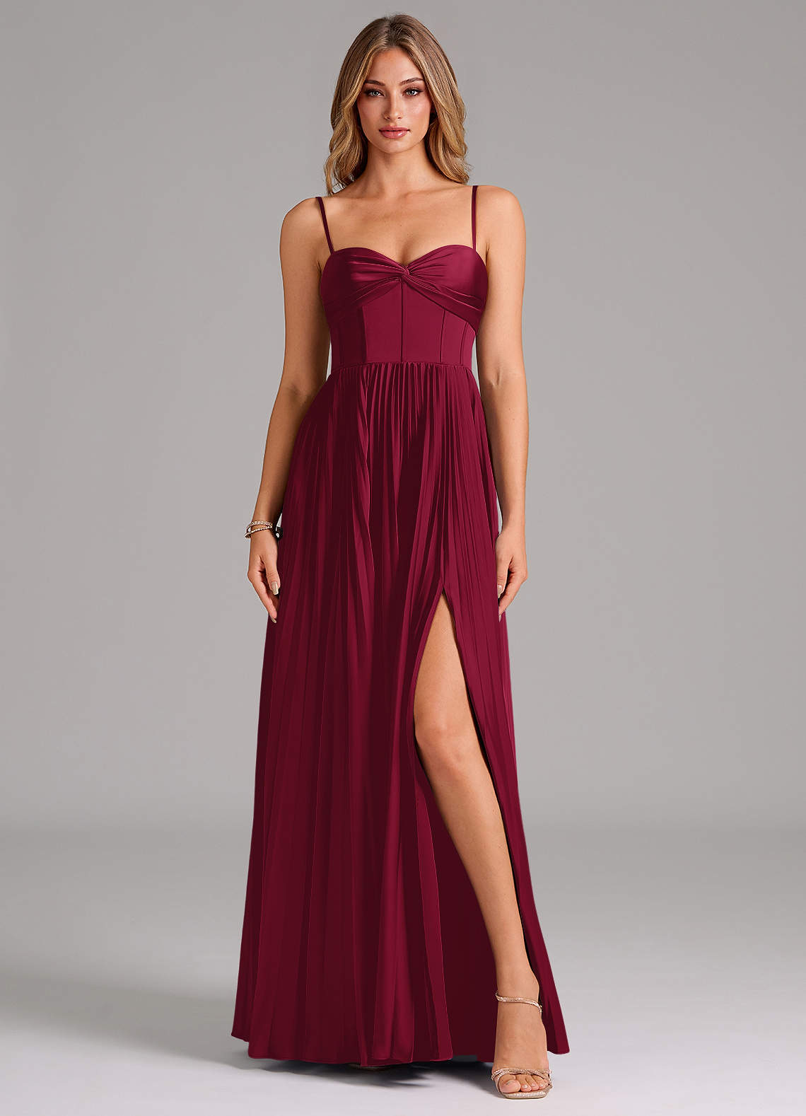 satin burgundy maxi dress Clemara Pleated Satin Maxi Dress – VICI main image 1