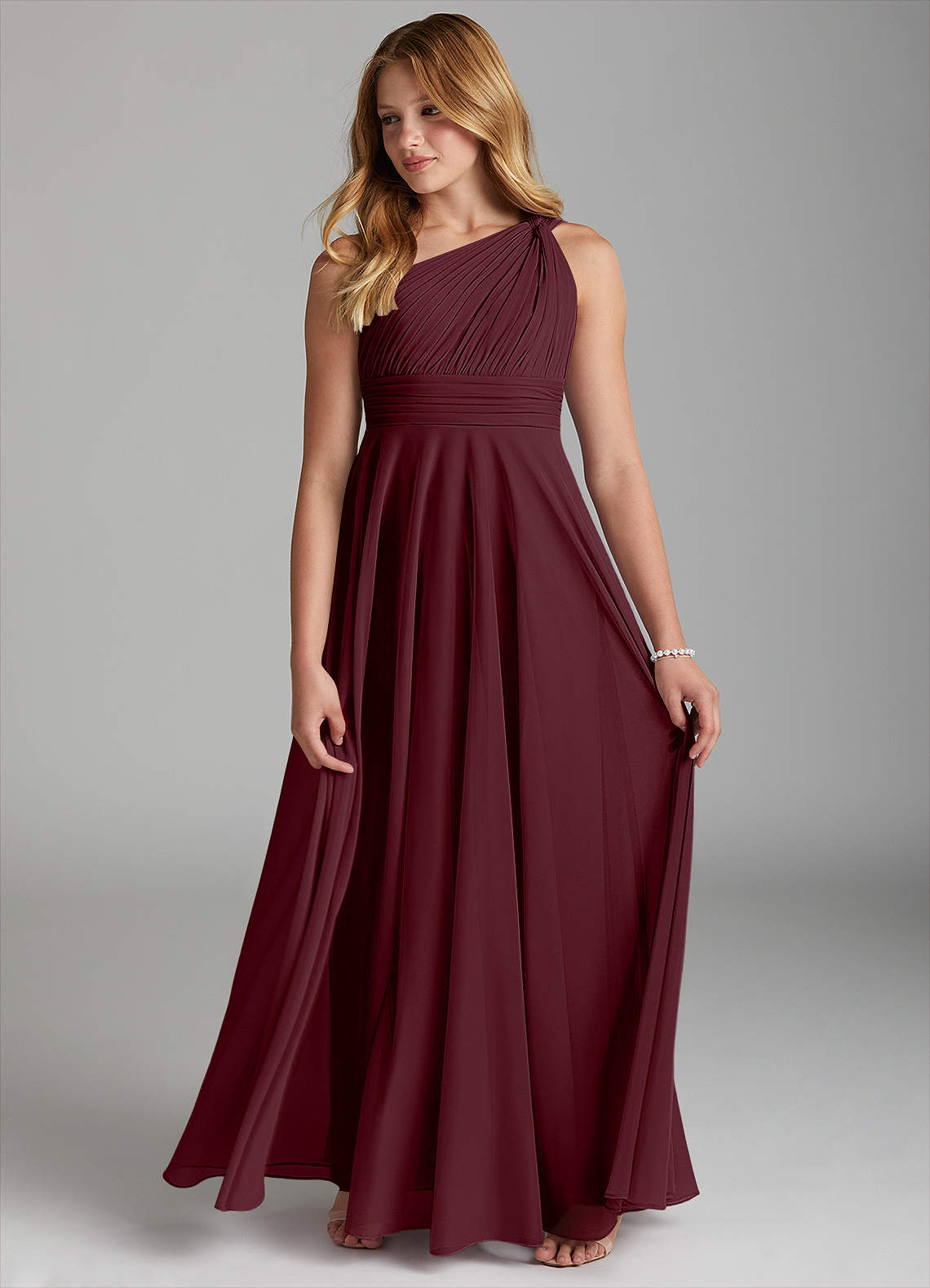 Azazie Charlize Junior Cabernet A-Line Mesh Dress image3