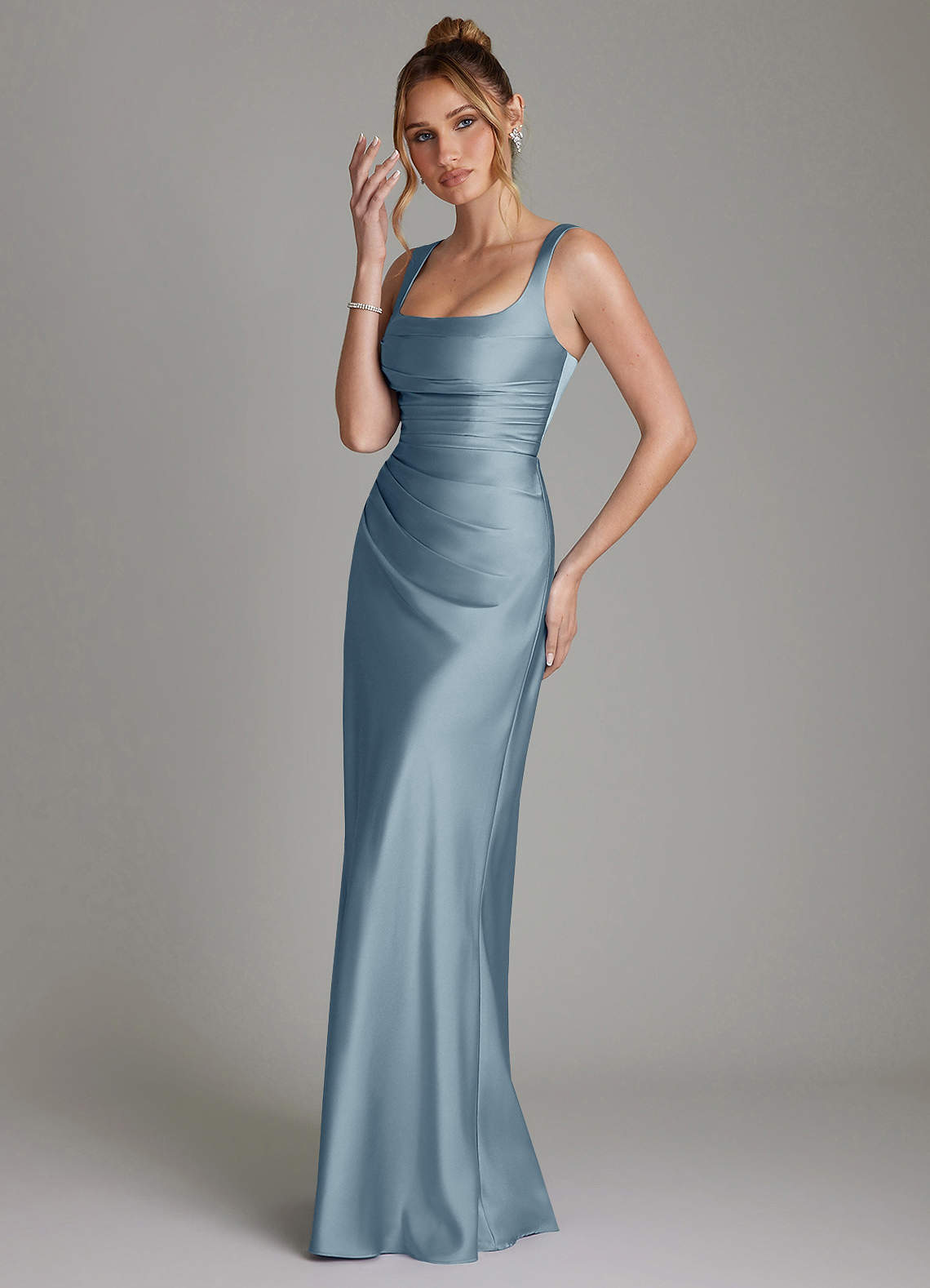 Azazie Agustina Bridesmaid Dresses Dusty Blue Mermaid Corset Stretch Satin Dress image4