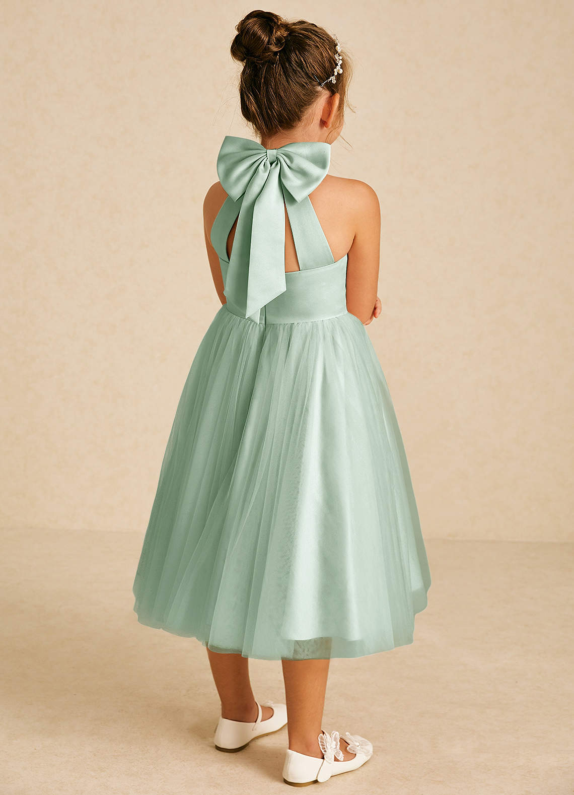 Azazie Dora Flower Girl Dresses Agave A-Line Bow Tulle Dress image1