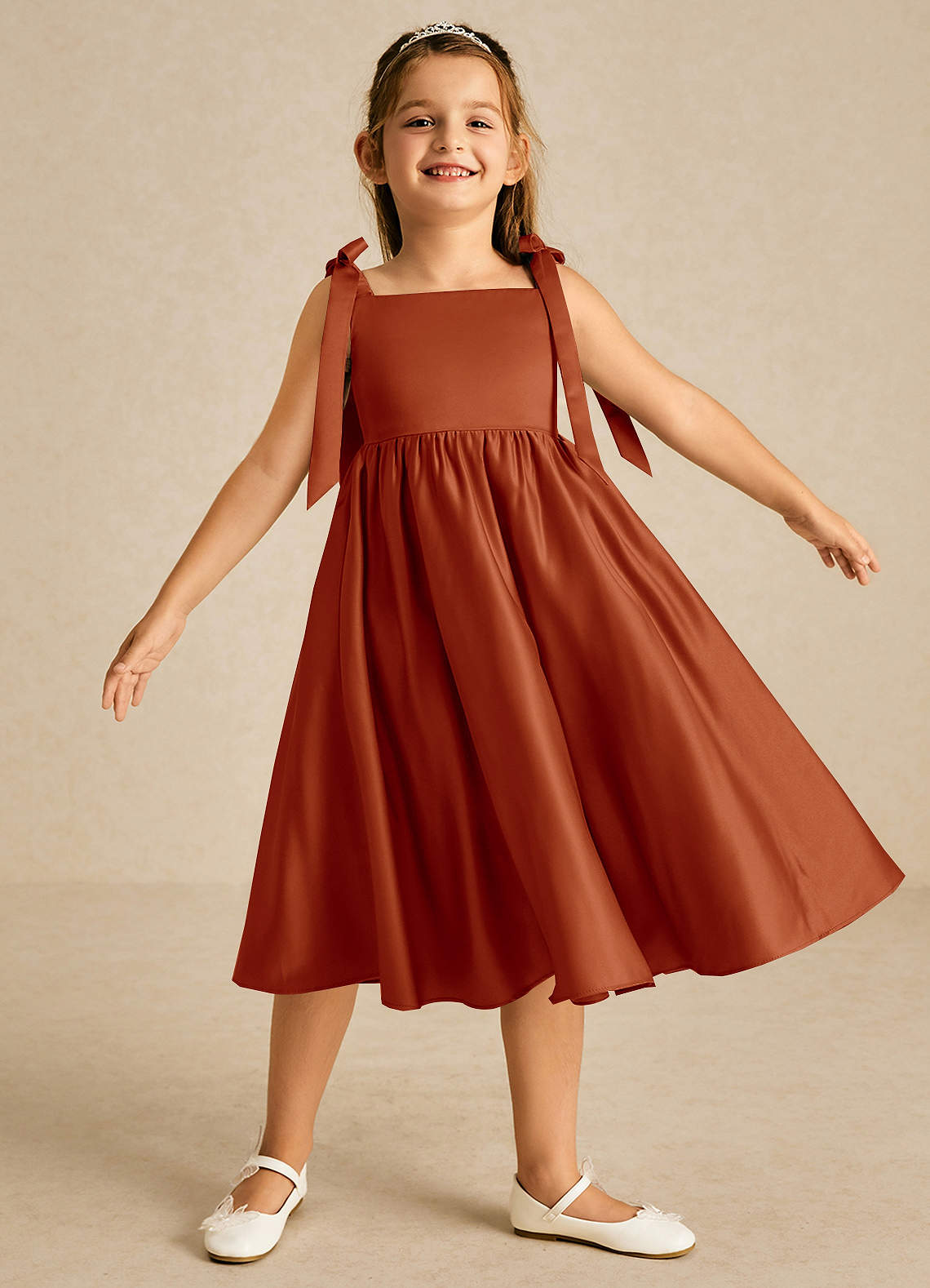 Azazie Chelsie Flower Girl Dresses Paprika A-Line Bow Matte Satin Dress image1