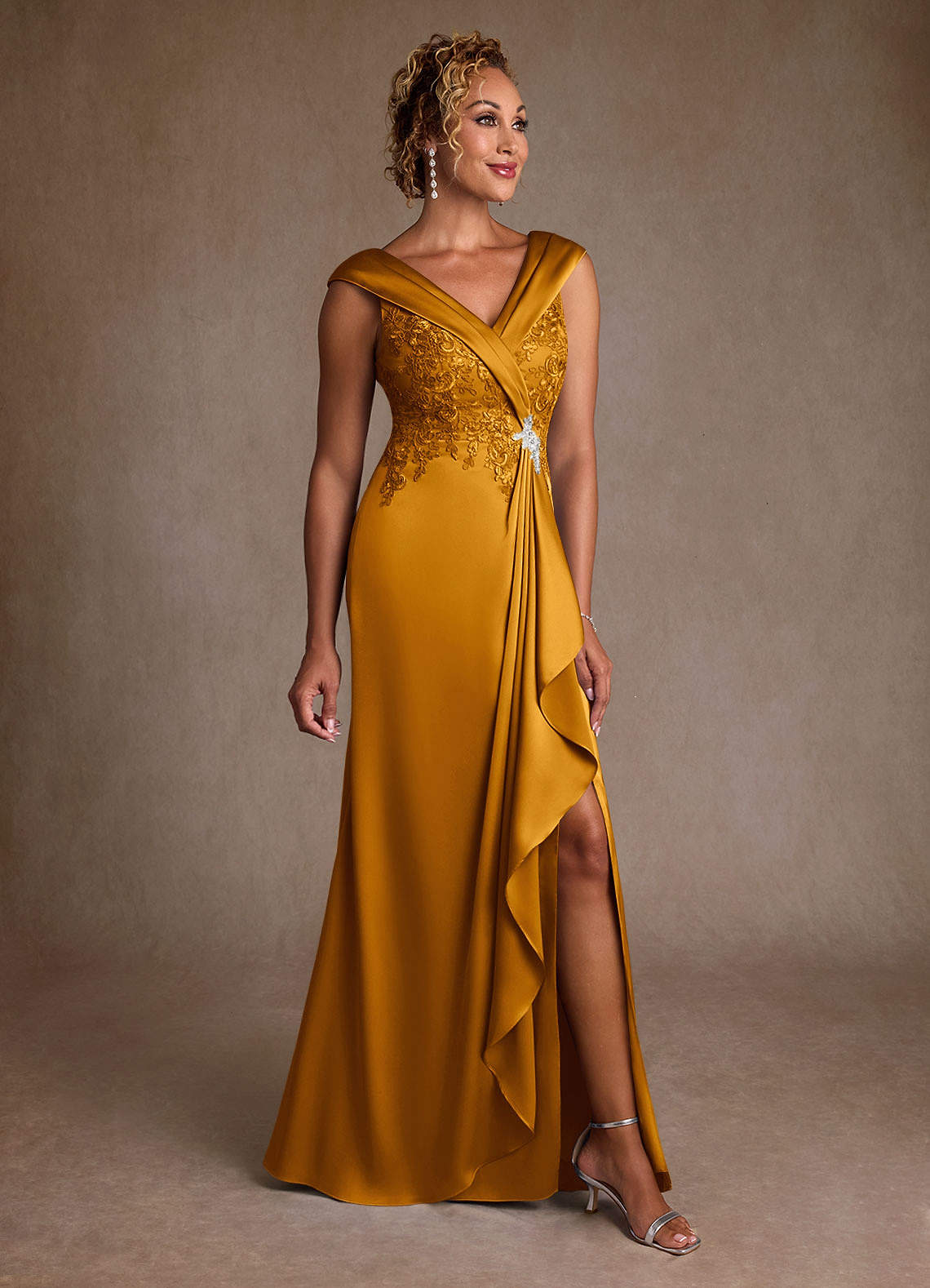 Azazie Santa Monica Mother of the Bride Dresses Butterscotch A-Line Lace Dress image1
