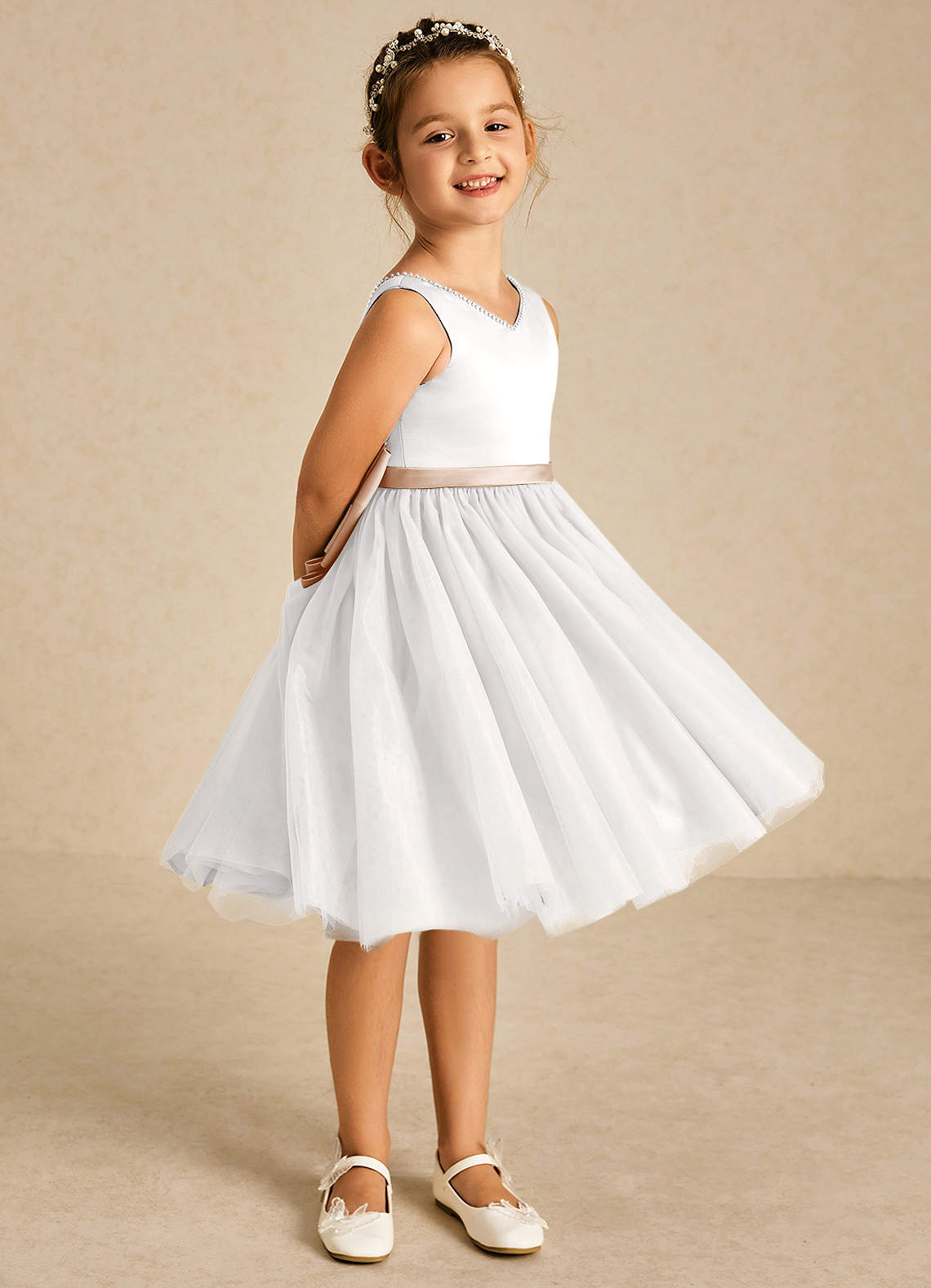 Azazie Seline Flower Girl Dresses Ivory English Rose A-Line Bow Tulle Dress image4