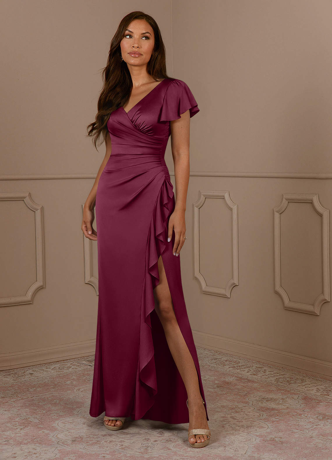 Azazie Roya Kleider für die Brautmutter Meerjungfrau-Linie Plissee mit V-Ausschnitt Stretch-Satin Kleid Maulbeerrot image1
